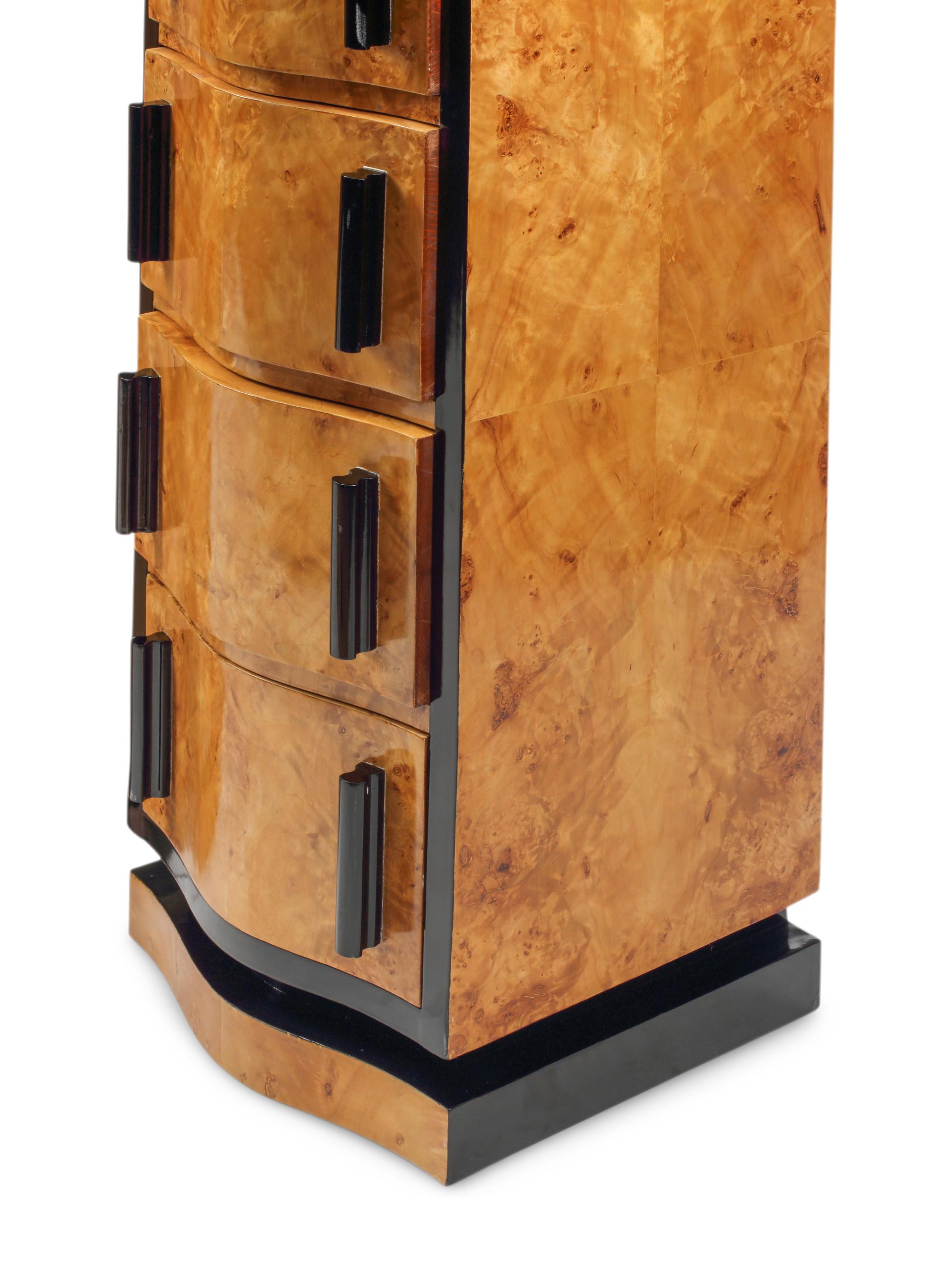 A Pair of Art Deco Style Part-Ebonized Burl Walnut Tall Chests of Drawers