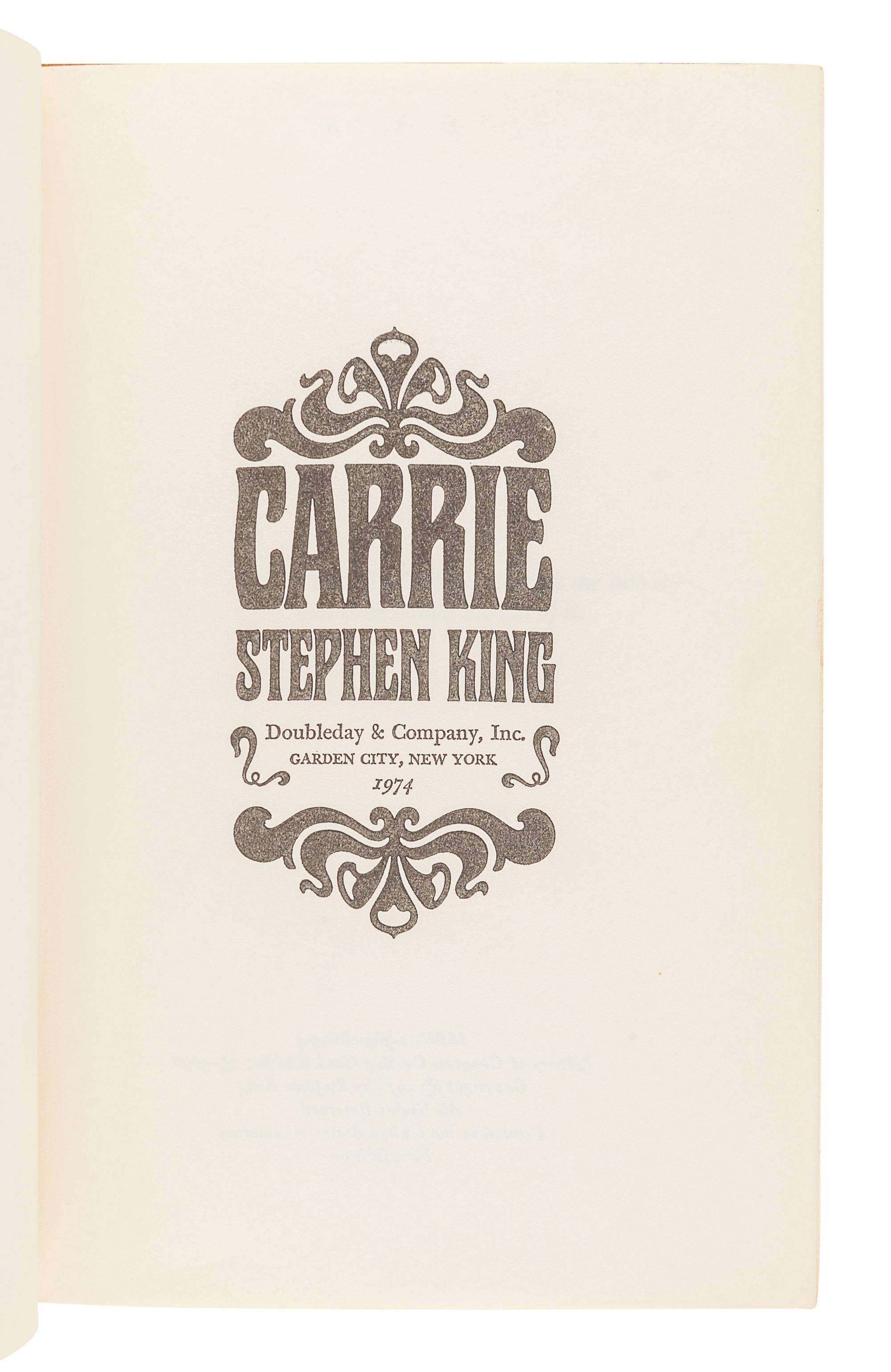 KING, Stephen (b.1947). Carrie . Garden City: Doubleday & Company, Inc., 1974