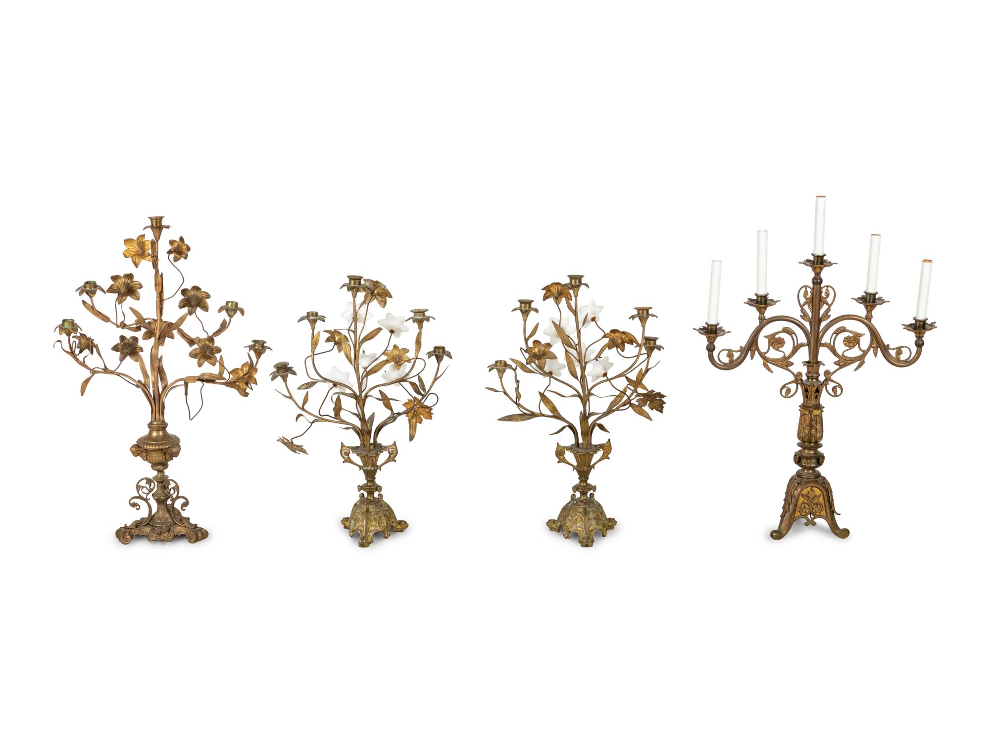 A Pair of Victorian Brass Candelabra and Two Similar Ornaments