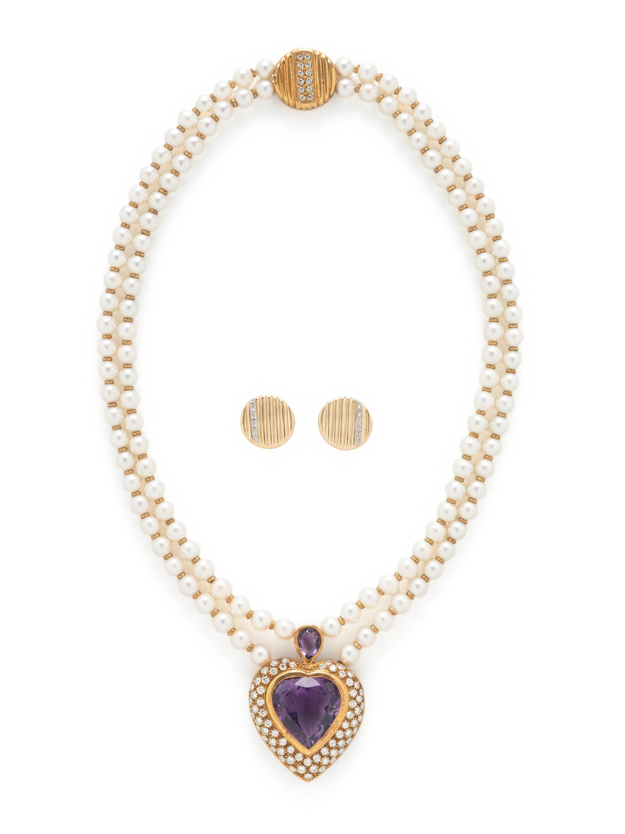 COLLECTION OF YELLOW GOLD, CULTURED PEARL, AMETHYST, AND DIAMOND JEWELRY