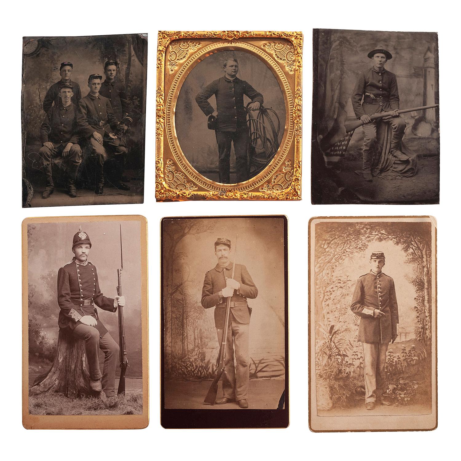 [LATE INDIAN WARS] - [WORLD WAR I]. A group of 8 photographs of soldiers, some armed, including CDVs and tintypes, comprising:
