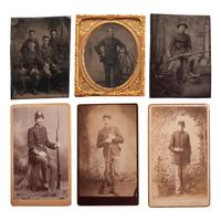 [LATE INDIAN WARS] - [WORLD WAR I]. A group of 8 photographs of soldiers, some armed, including CDVs and tintypes, comprising: