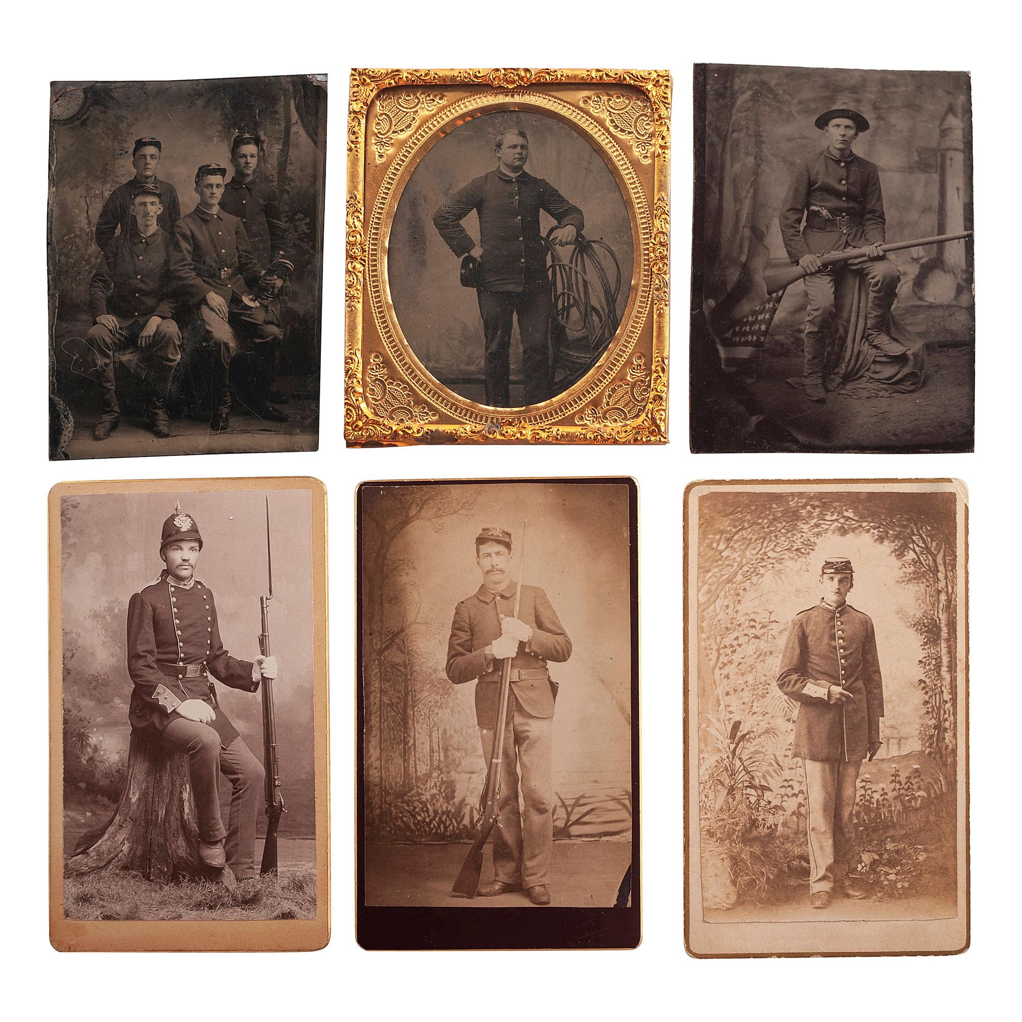 [LATE INDIAN WARS] - [WORLD WAR I]. A group of 8 photographs of soldiers, some armed, including CDVs and tintypes, comprising: