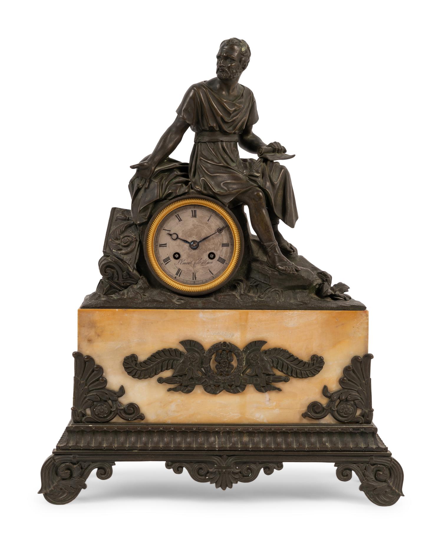An Empire Style Patinated Bronze and Marble Figural Mantel Clock