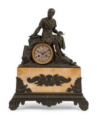 An Empire Style Patinated Bronze and Marble Figural Mantel Clock
