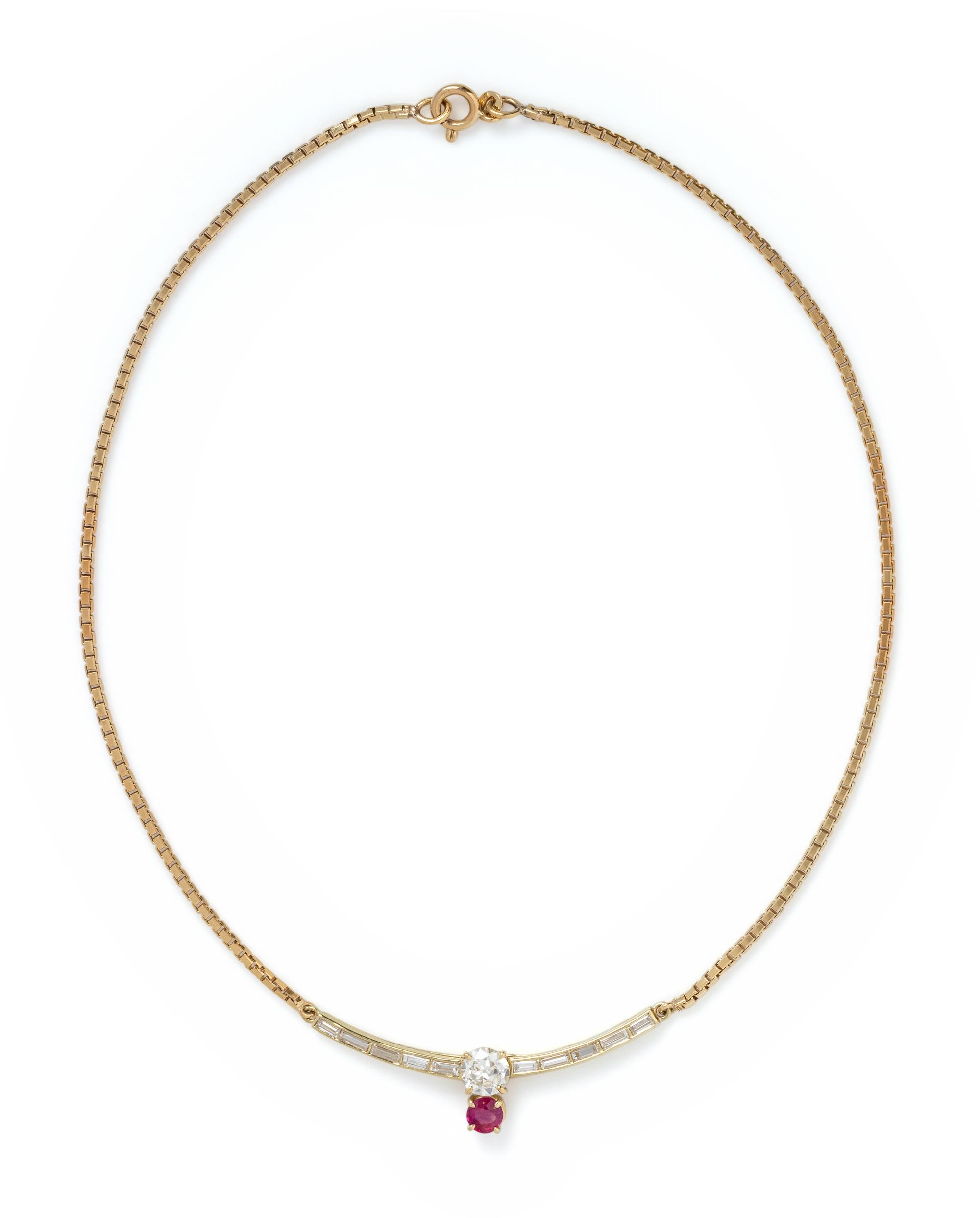 YELLOW GOLD, DIAMOND AND SYNTHETIC RUBY NECKLACE