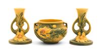 Three Roseville Peony Pottery Articles Height of first 4 3/4 inches.