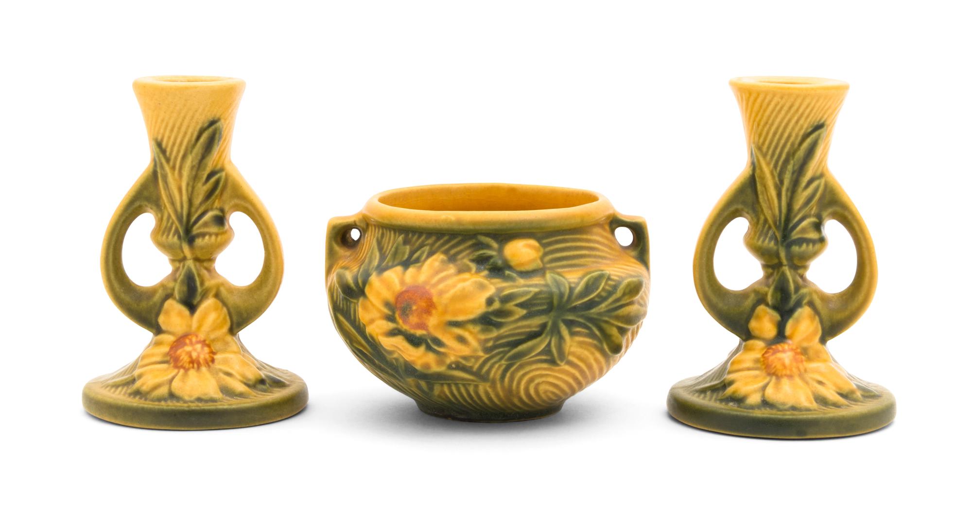Three Roseville Peony Pottery Articles Height of first 4 3/4 inches.