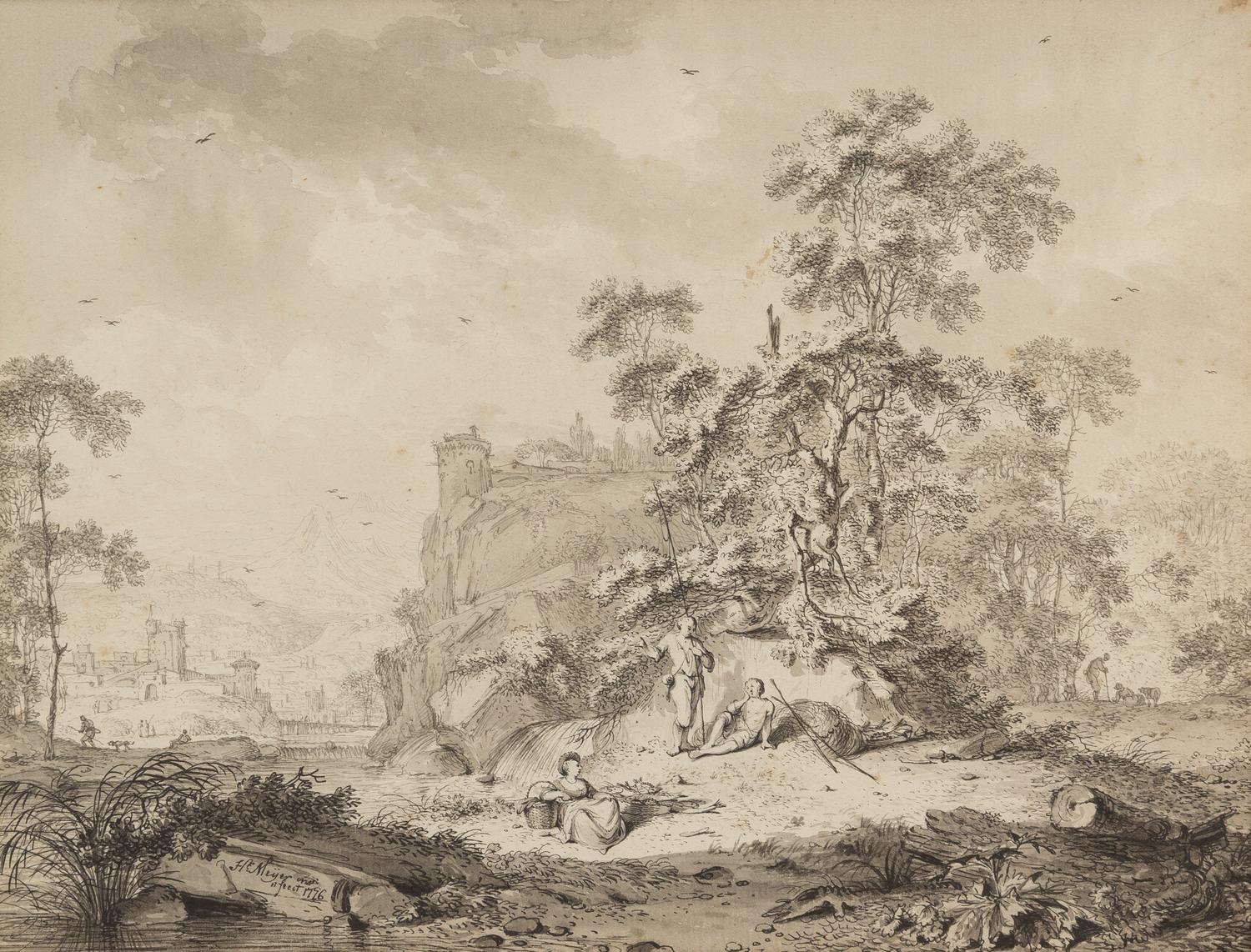 Hendrick de Meijer, (Dutch, 1744-1793), A Wooded Landscape with Peasants Resting and Travelers in a Windy Landscape, 1776 (a pair of wo