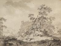 Hendrick de Meijer, (Dutch, 1744-1793), A Wooded Landscape with Peasants Resting and Travelers in a Windy Landscape, 1776 (a pair of wo