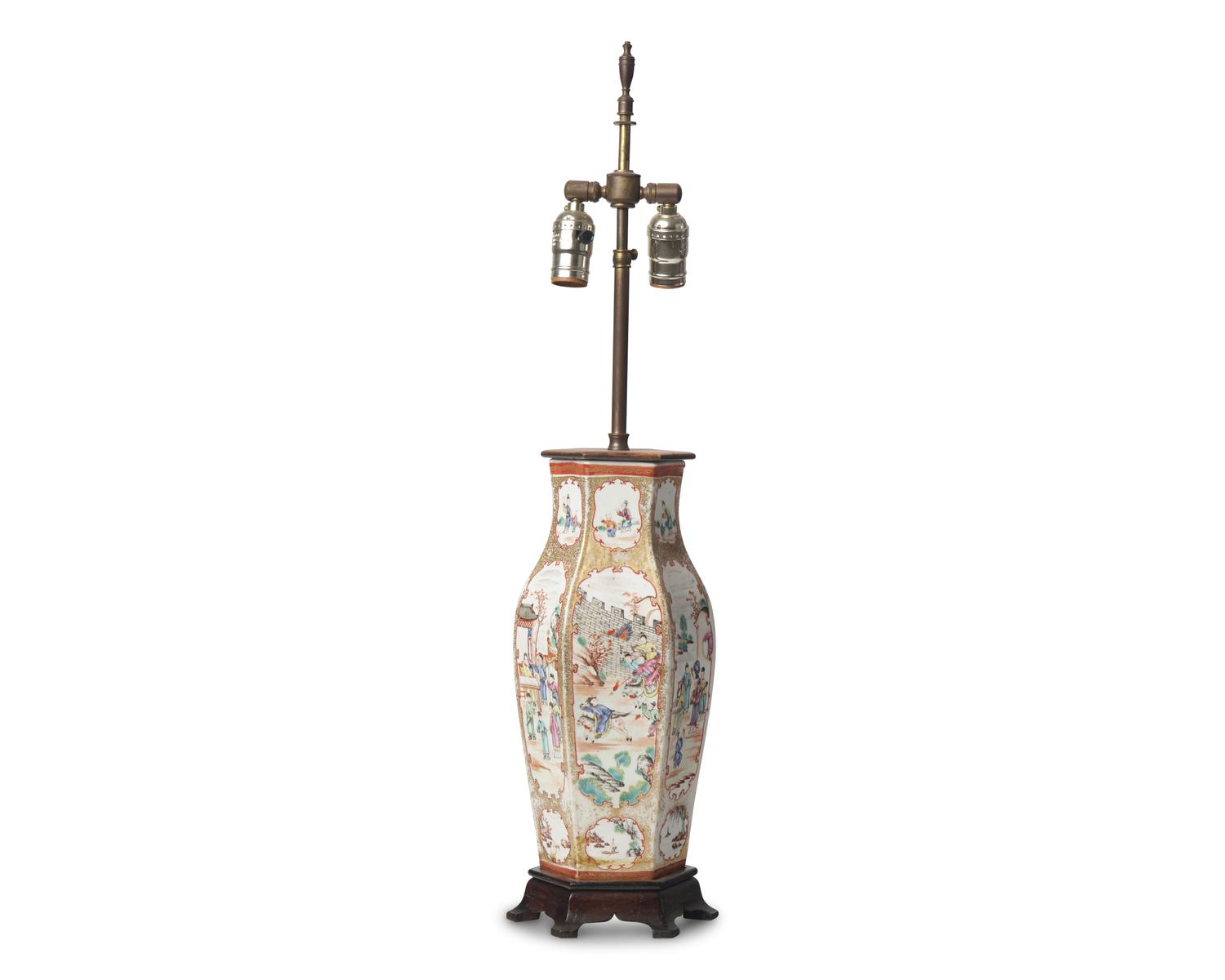 A Chinese Export Porcelain Famille Rose Hexagonal Vase Mounted as a Lamp