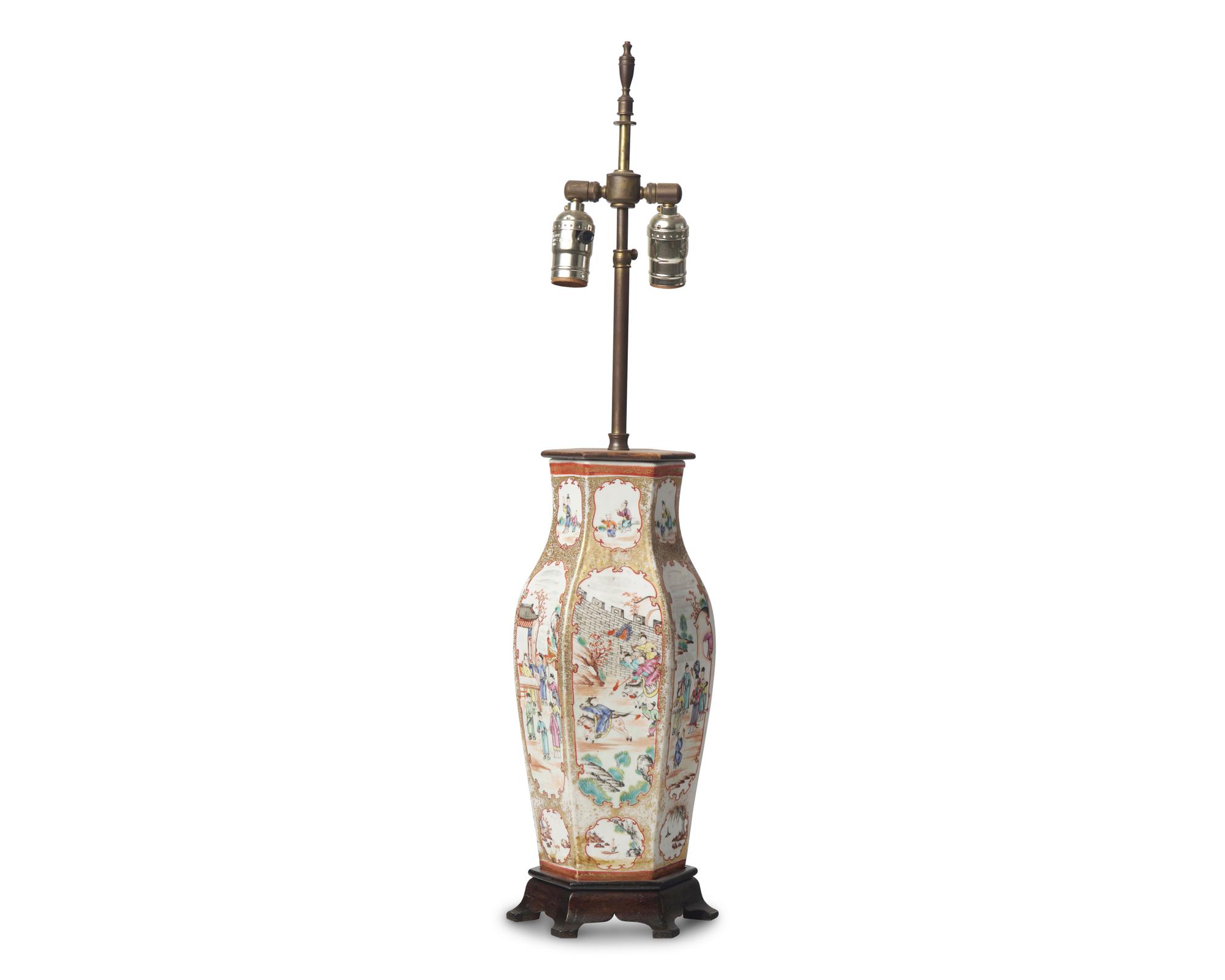 A Chinese Export Porcelain Famille Rose Hexagonal Vase Mounted as a Lamp