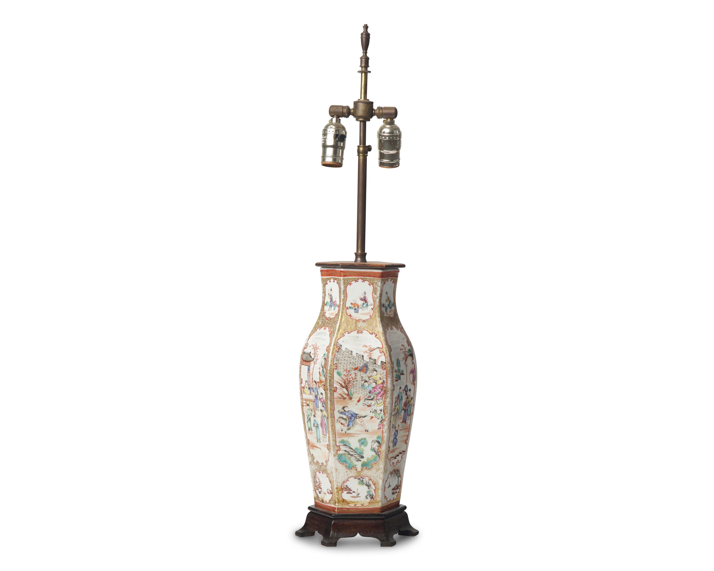 A Chinese Export Porcelain Famille Rose Hexagonal Vase Mounted as a Lamp