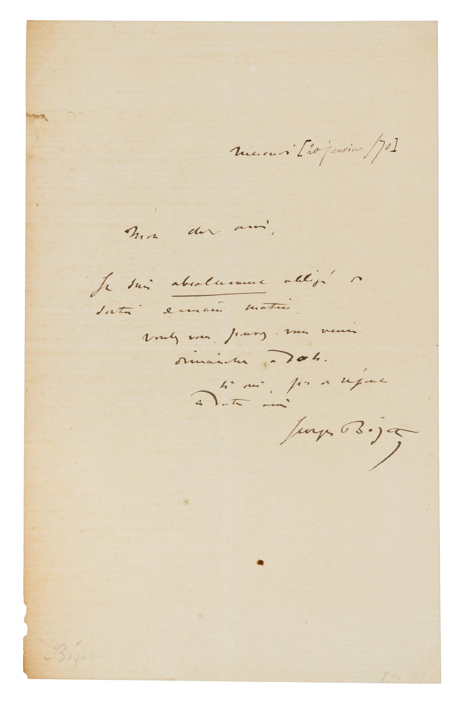 BIZET, Georges (1838-1875). Autograph letter signed ("George Bizet"), in French, to an unnamed recipient addressed "Mon cher ami" [prob
