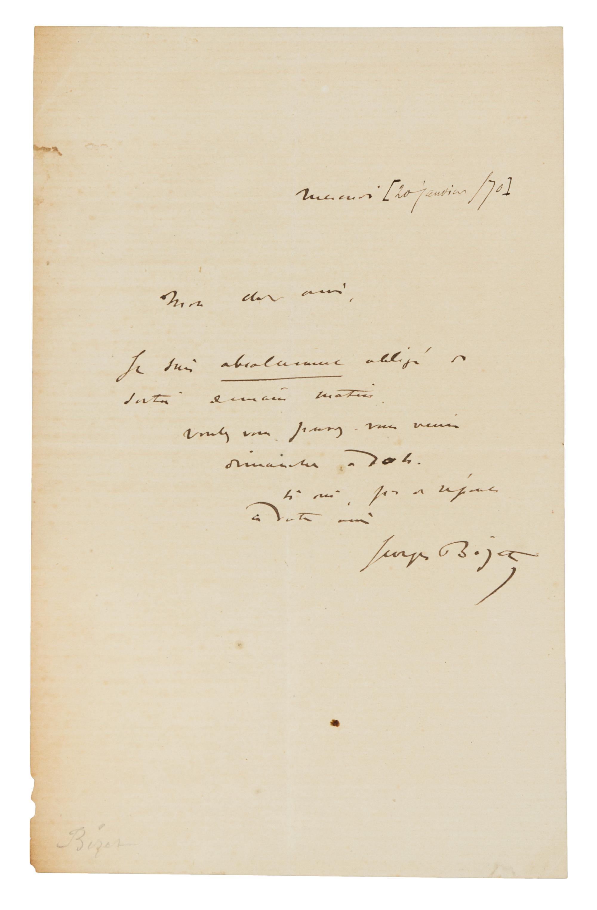 BIZET, Georges (1838-1875). Autograph letter signed ("George Bizet"), in French, to an unnamed recipient addressed "Mon cher ami" [prob