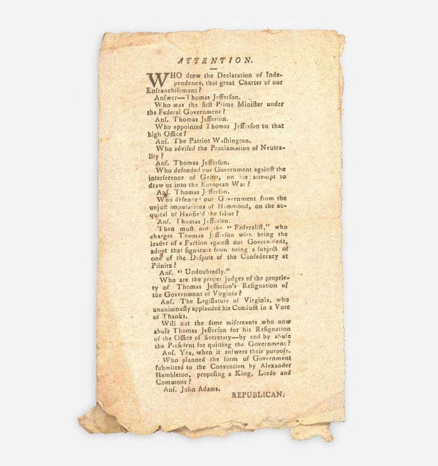 [Americana] [Jefferson, Thomas, and John Adams] Printed 1796 Presidential Campaign Handbill