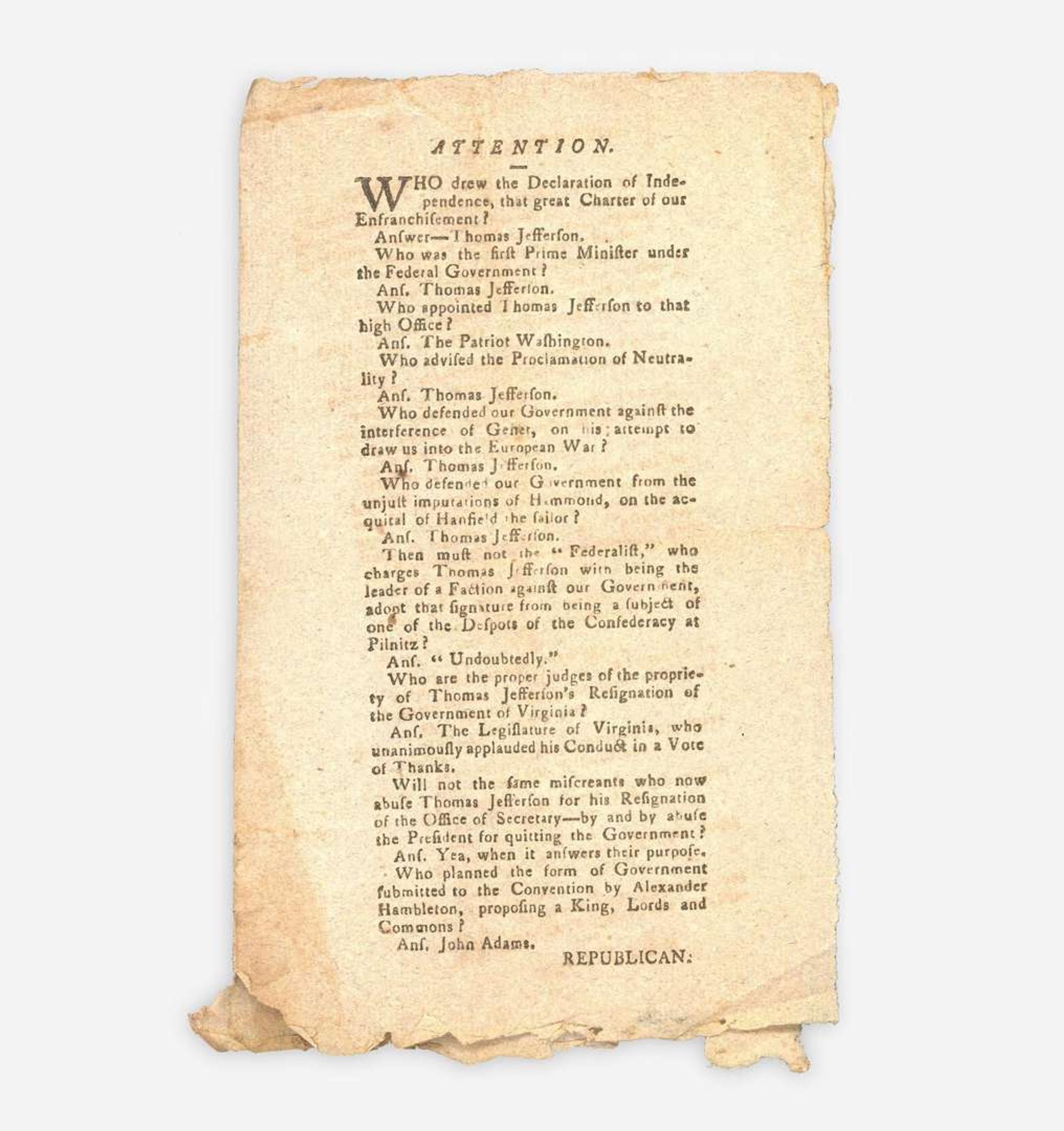[Americana] [Jefferson, Thomas, and John Adams] Printed 1796 Presidential Campaign Handbill