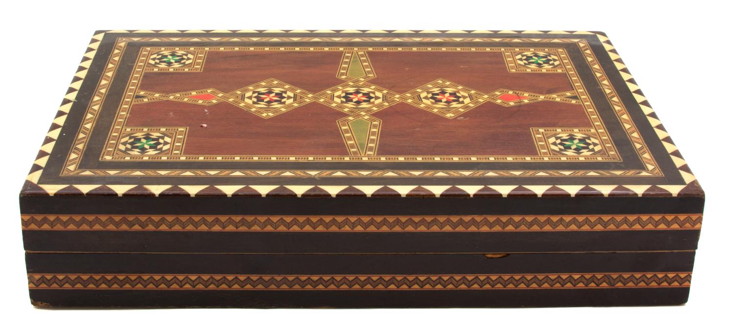 A Syrian Style Inlaid Game Box Height 3 x width 14 1/4 x depth 9 3/4 inches. — 20TH CENTURY