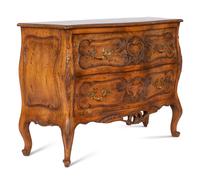 A Pair of Louis XV Style Walnut Bombé Form Commodes