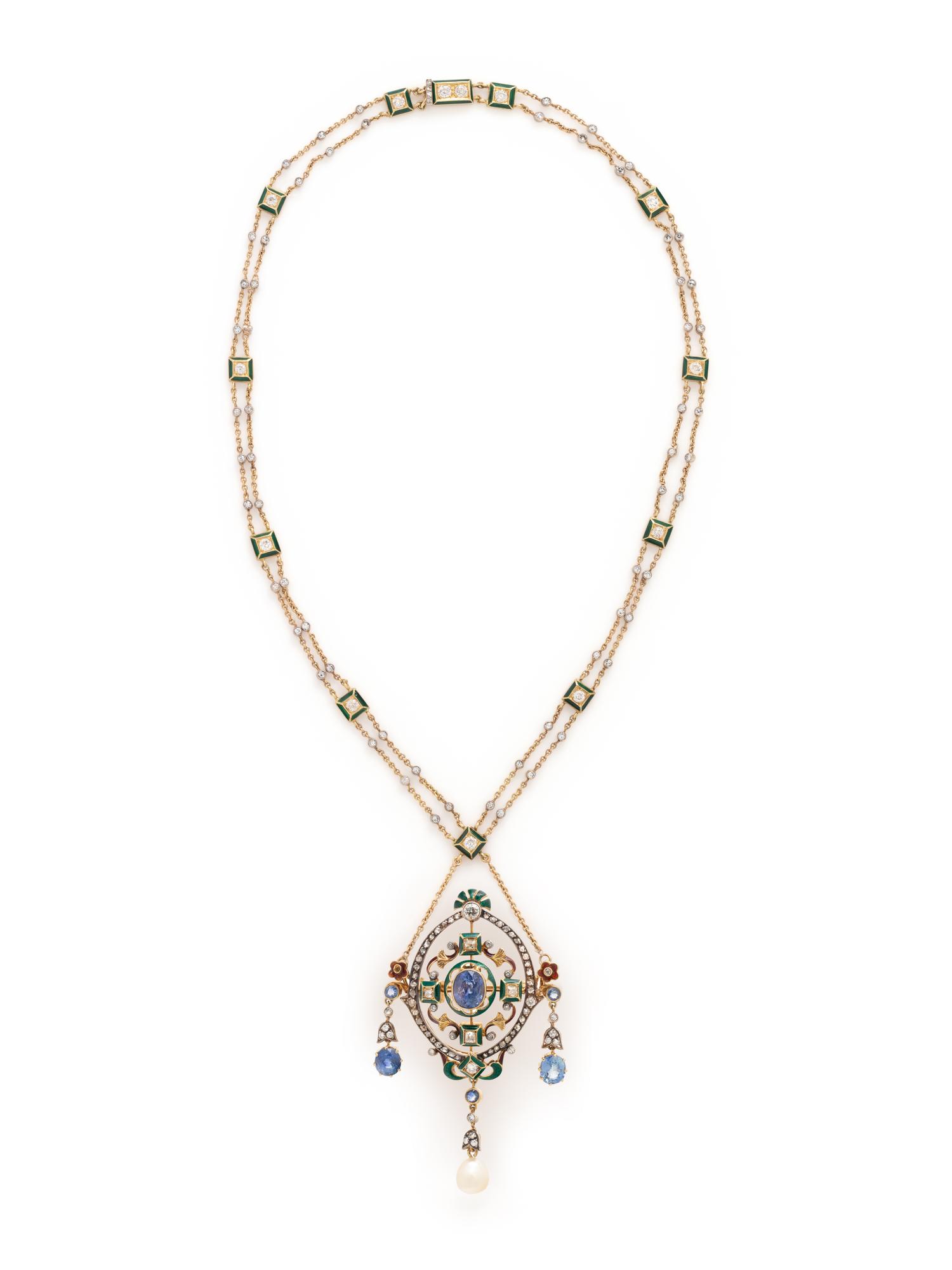 EVELYN CLOTHIER, CONVERTIBLE SAPPHIRE, DIAMOND AND POLYCHROME ENAMEL NECKLACE