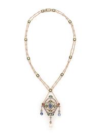 EVELYN CLOTHIER, CONVERTIBLE SAPPHIRE, DIAMOND AND POLYCHROME ENAMEL NECKLACE