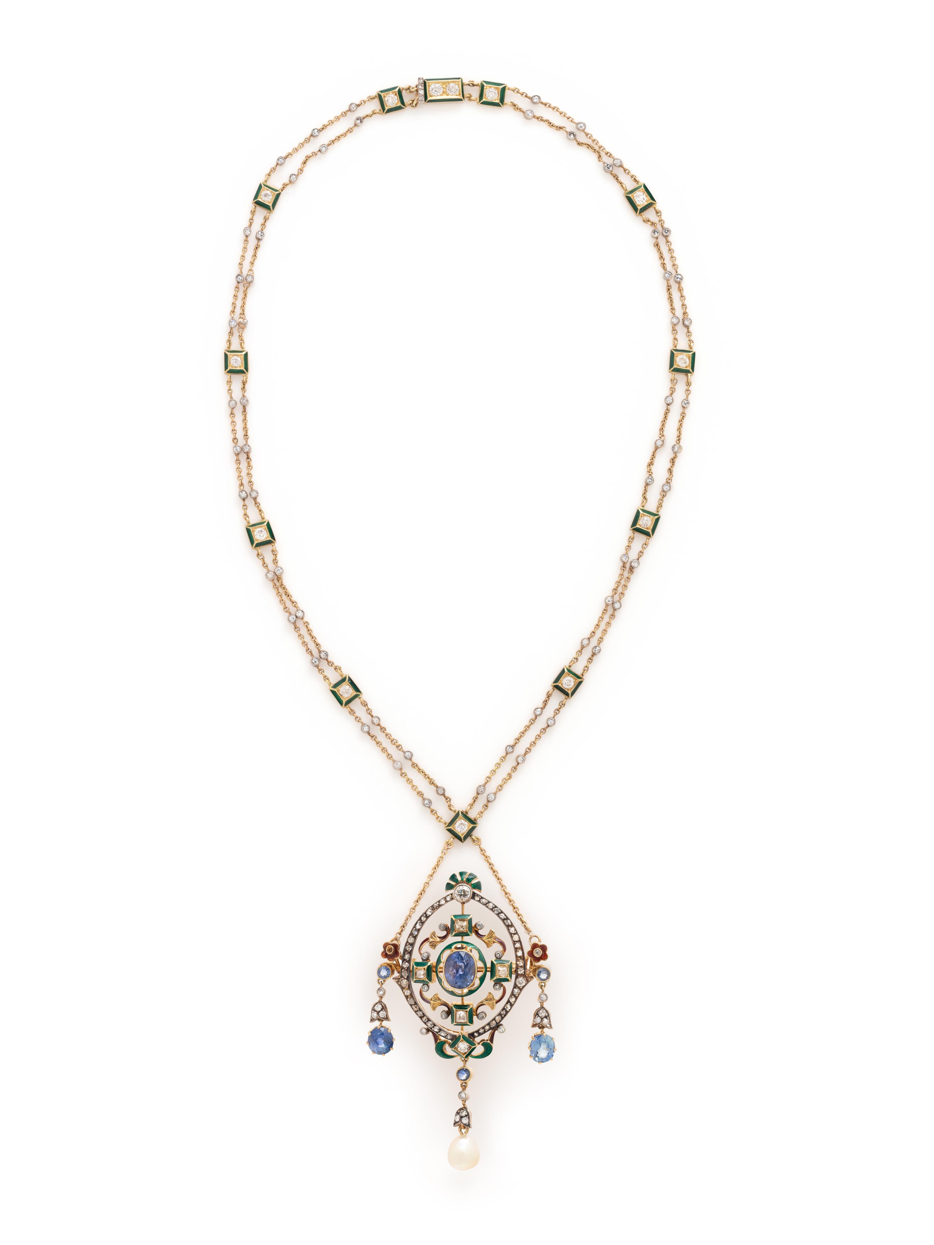 EVELYN CLOTHIER, CONVERTIBLE SAPPHIRE, DIAMOND AND POLYCHROME ENAMEL NECKLACE