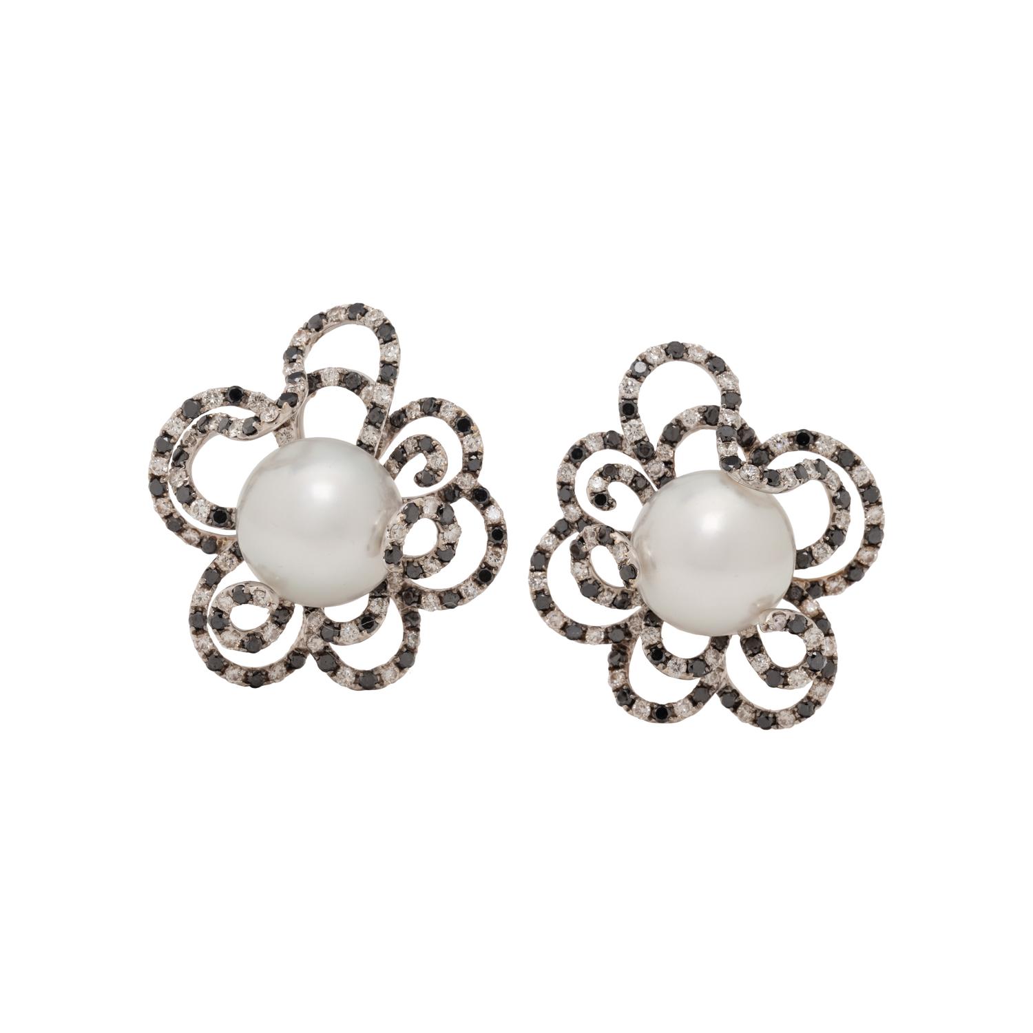 CULTURED PEARL, BLACK DIAMOND AND DIAMOND EARCLIPS