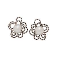 CULTURED PEARL, BLACK DIAMOND AND DIAMOND EARCLIPS