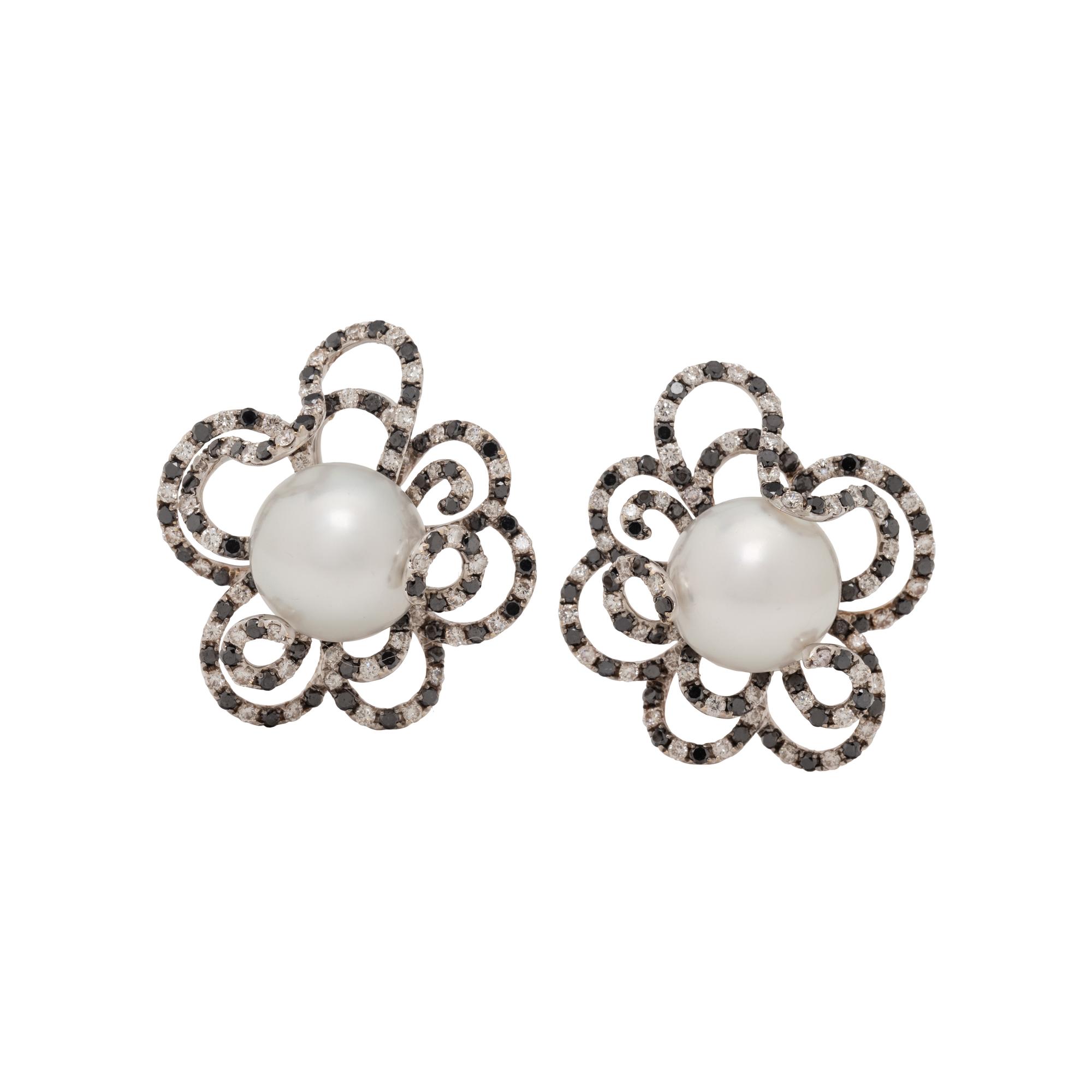 CULTURED PEARL, BLACK DIAMOND AND DIAMOND EARCLIPS