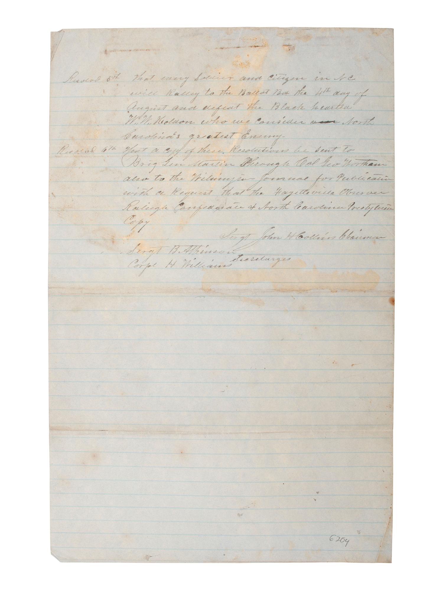 [CIVIL WAR]. Manuscript copy of resolutions from the 50th North Carolina Regiment, 20 March 1864.