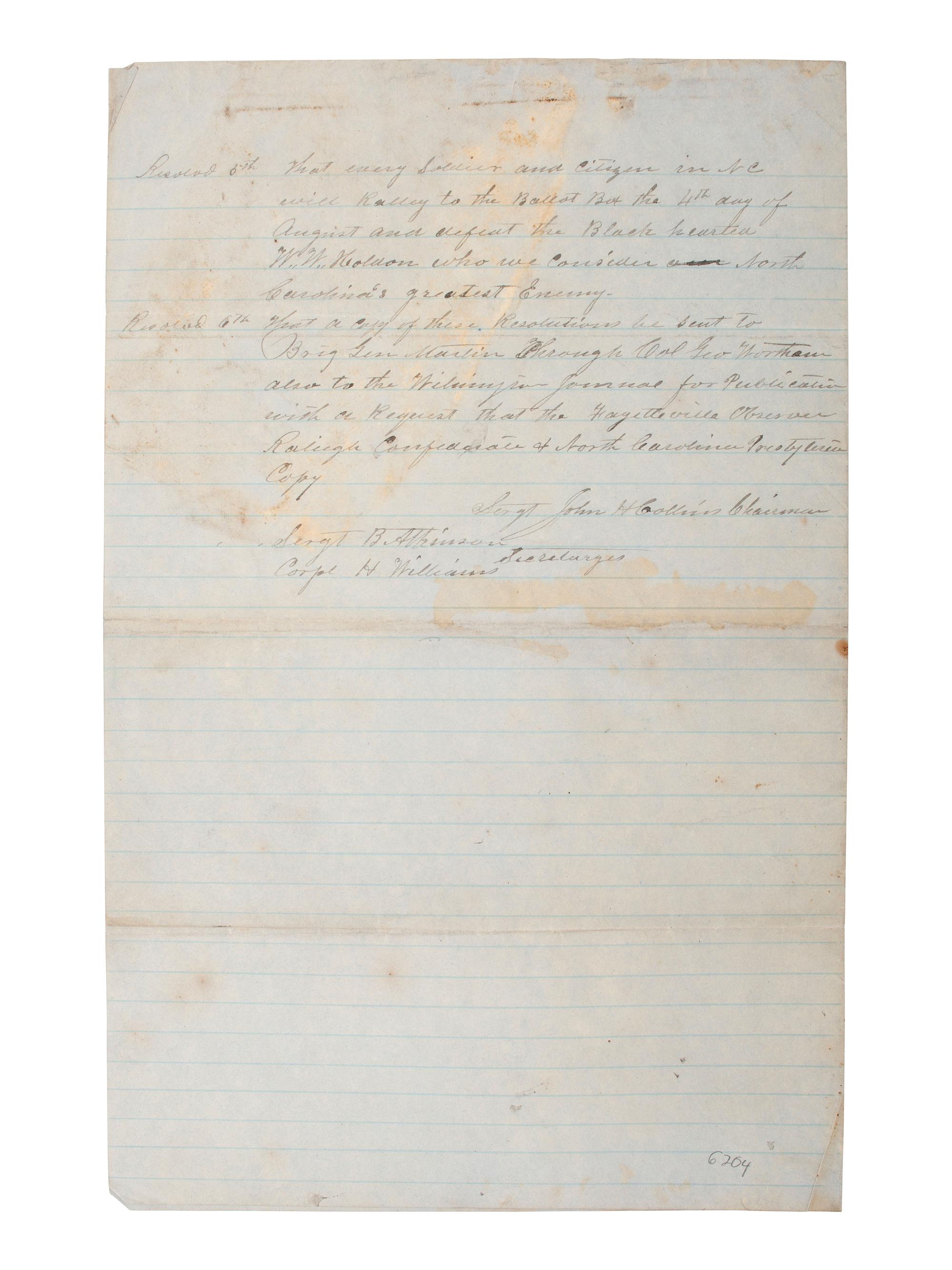 [CIVIL WAR]. Manuscript copy of resolutions from the 50th North Carolina Regiment, 20 March 1864.