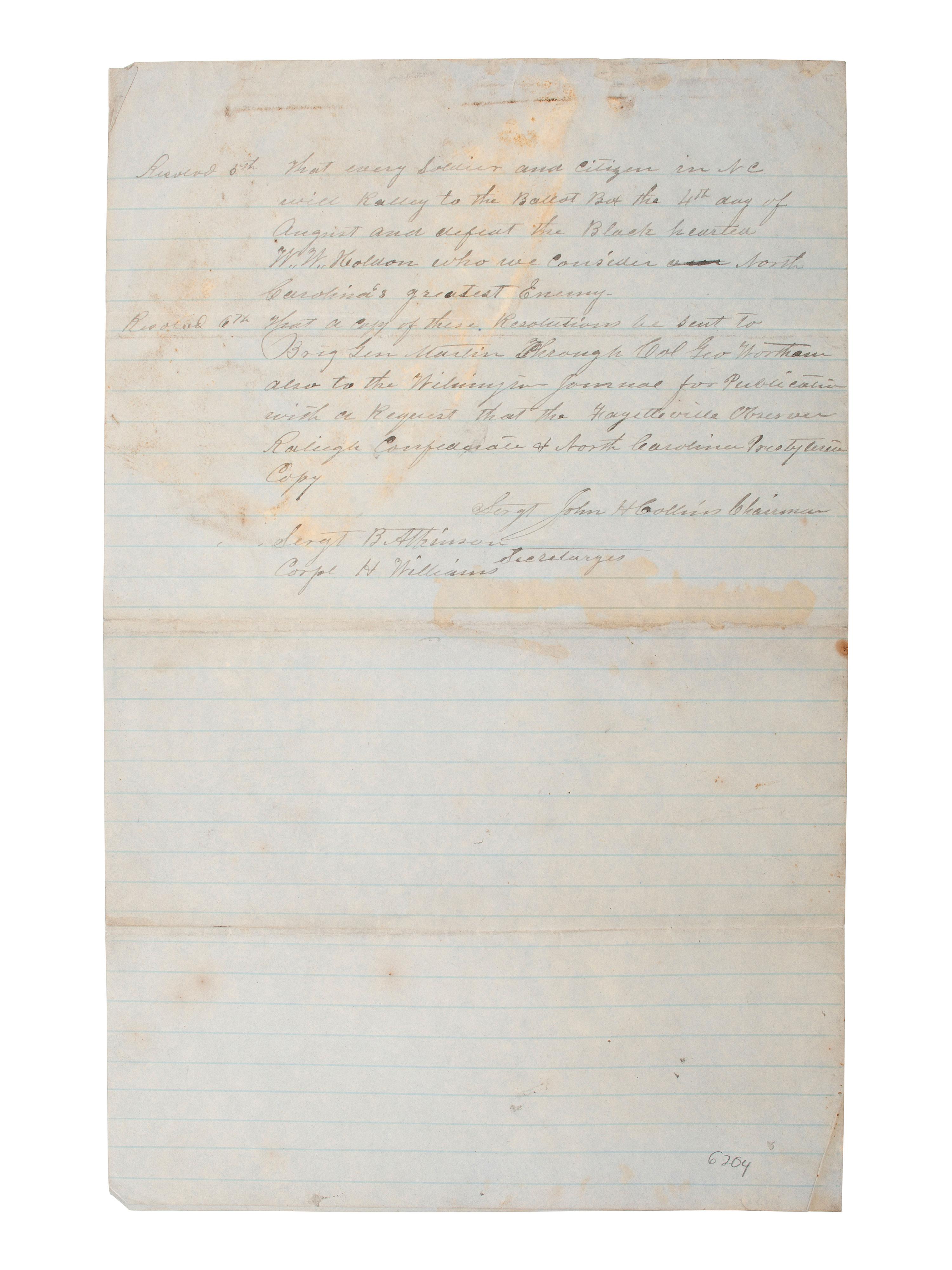 [CIVIL WAR]. Manuscript copy of resolutions from the 50th North Carolina Regiment, 20 March 1864.