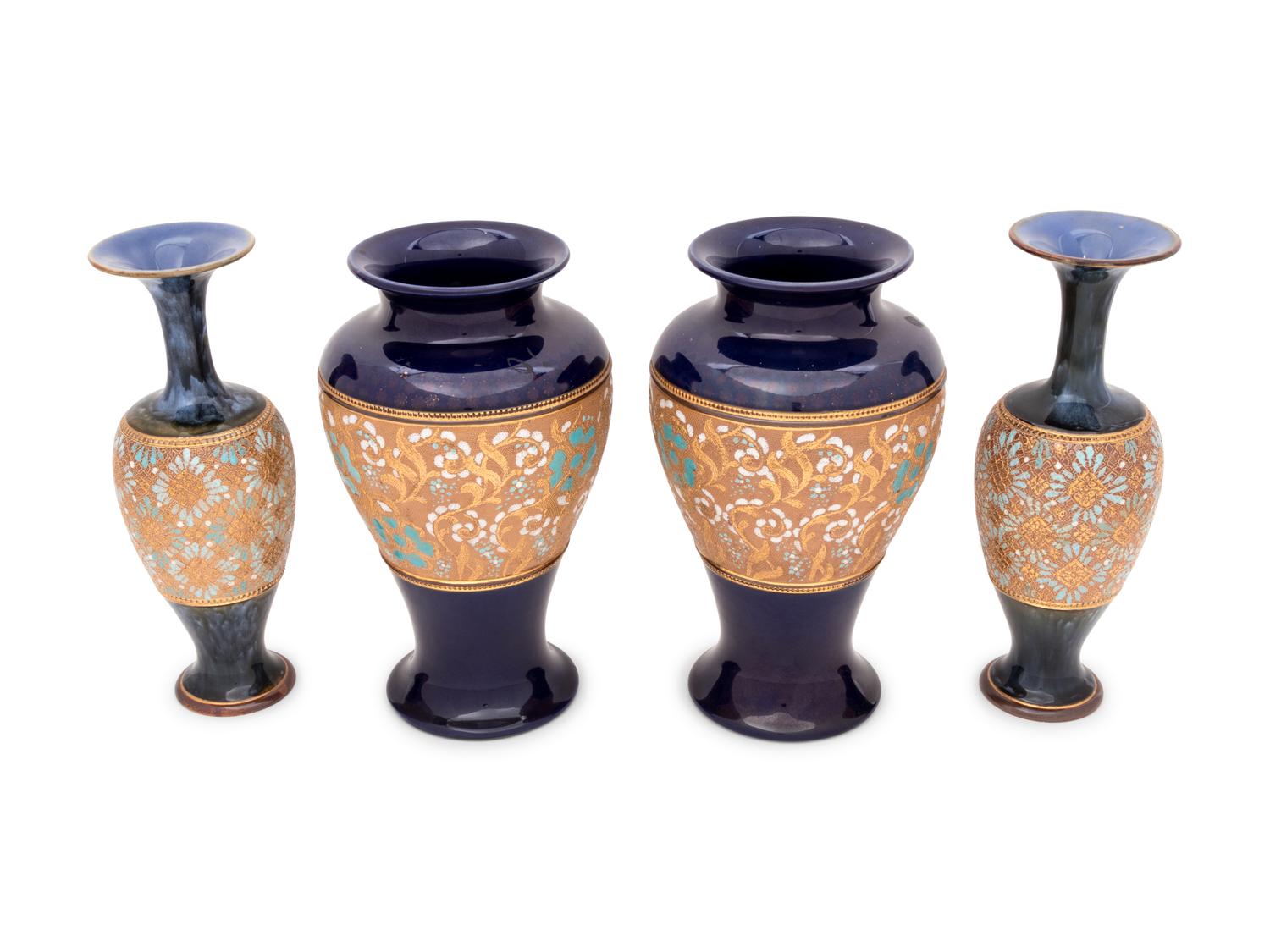 A Pair of Doulton Lambeth Stoneware Vases and A Pair of Royal Doulton Stoneware Vases