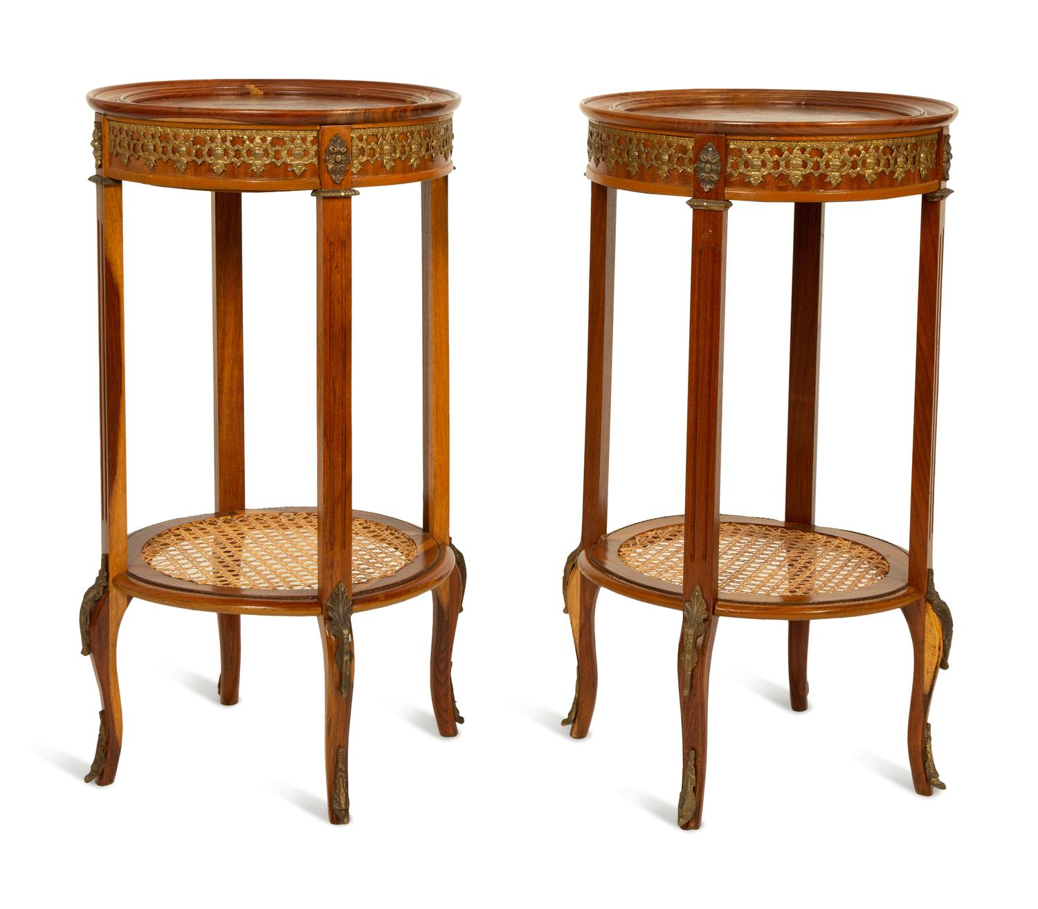 A Pair of Louis XVI Style Gilt Metal Mounted and Inlaid Gueridons — 20TH CENTURY