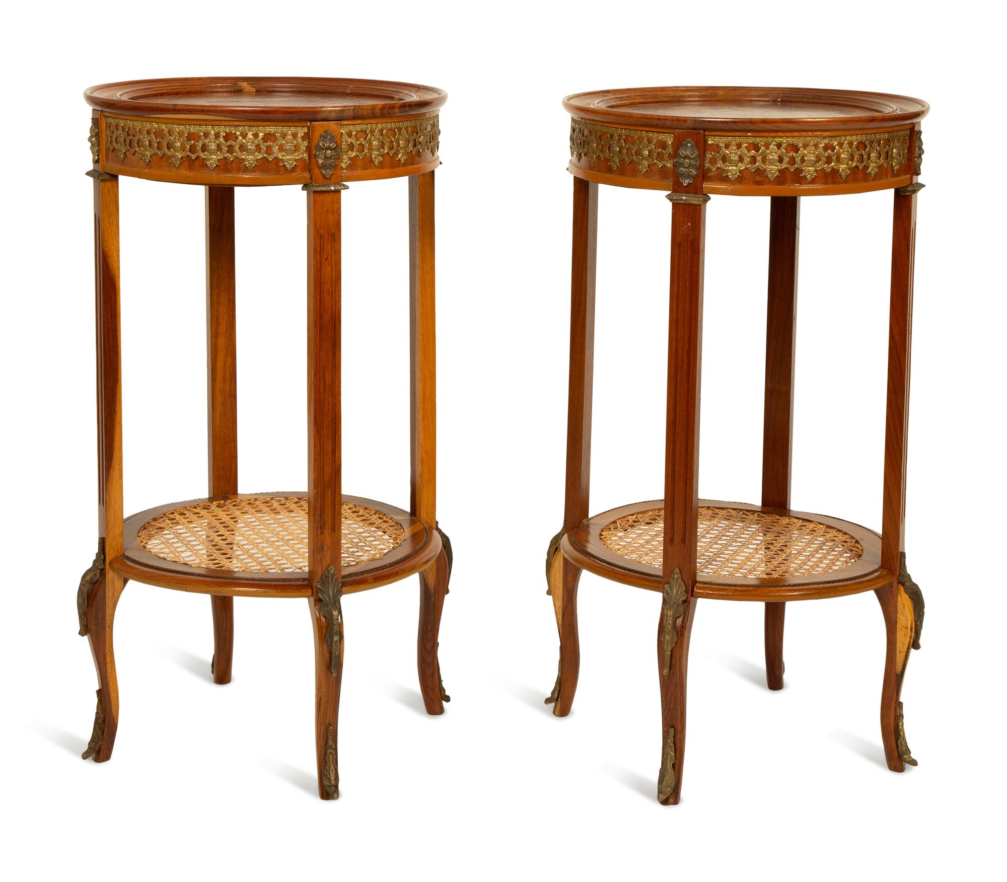 A Pair of Louis XVI Style Gilt Metal Mounted and Inlaid Gueridons — 20TH CENTURY