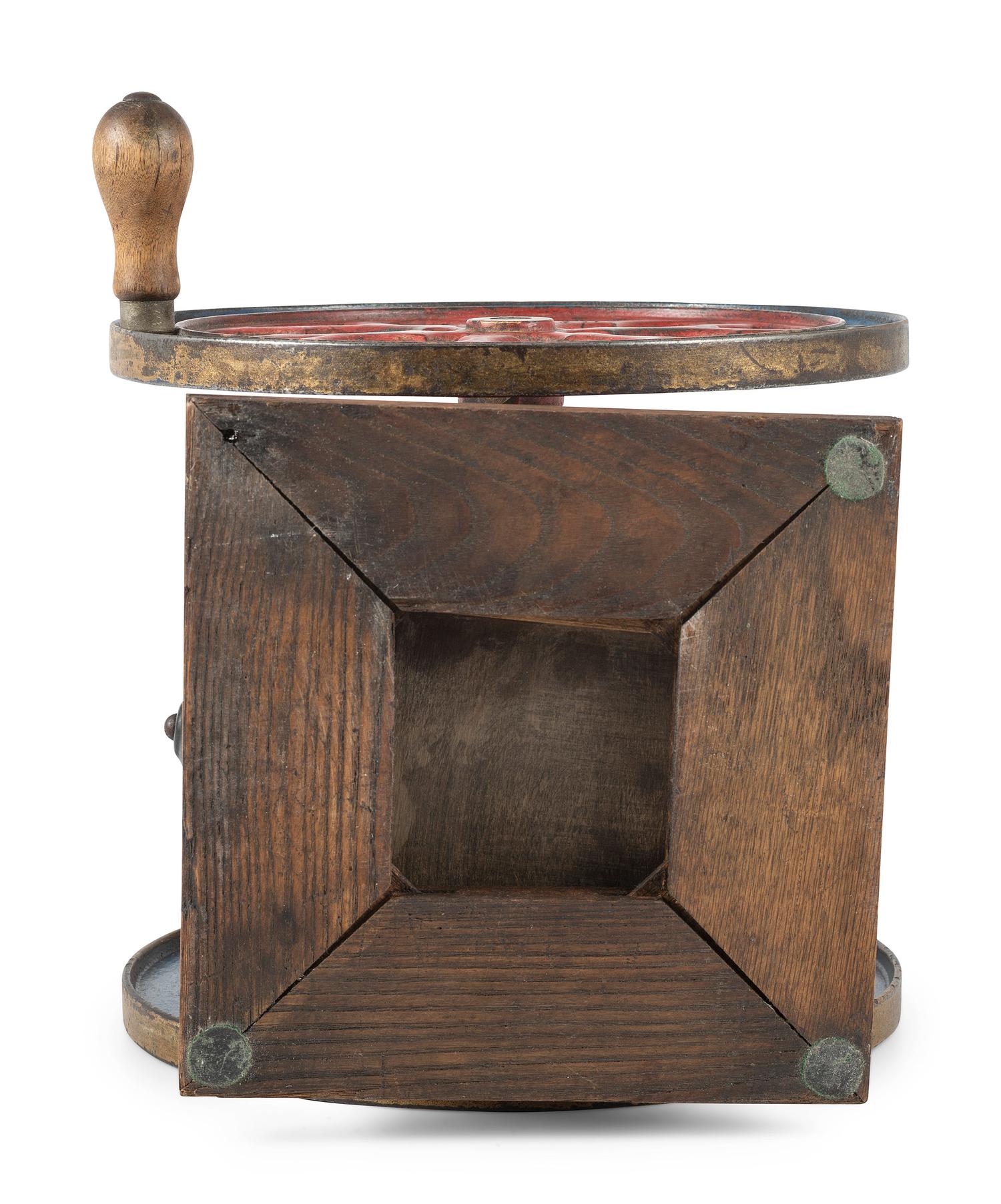 A Charles Parker No. 3000 Painted and Parcel Gilt Double-Wheeled Cast Iron Coffee Mill