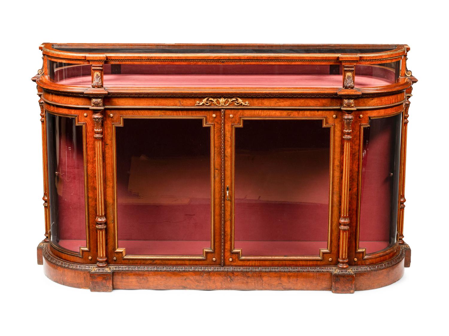 A Napoleon III Parcel Gilt Burlwood Lift-Top Vitrine Cabinet