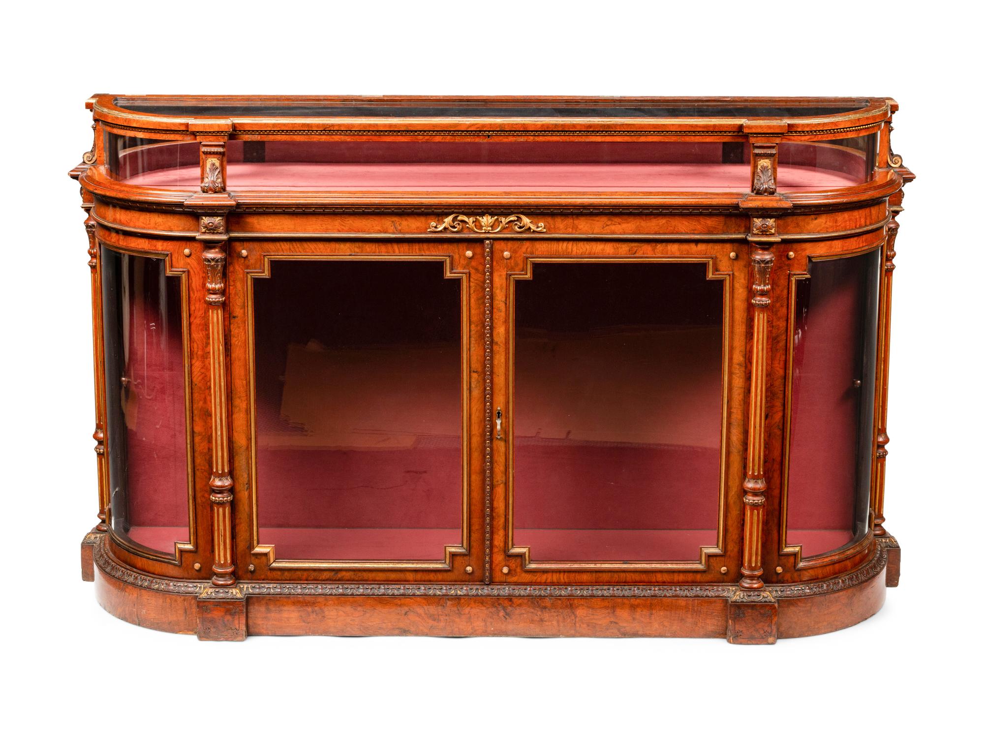 A Napoleon III Parcel Gilt Burlwood Lift-Top Vitrine Cabinet