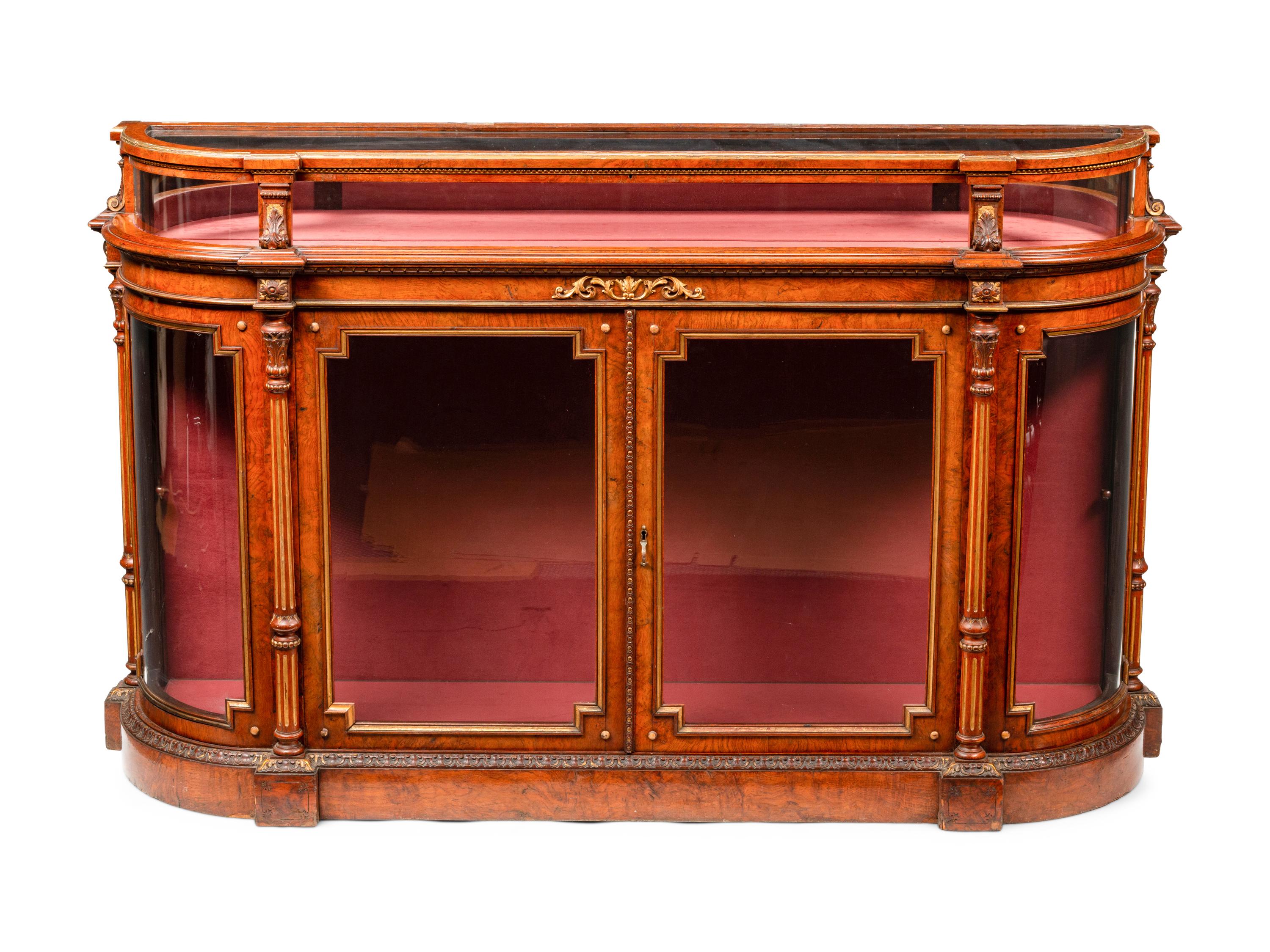 A Napoleon III Parcel Gilt Burlwood Lift-Top Vitrine Cabinet