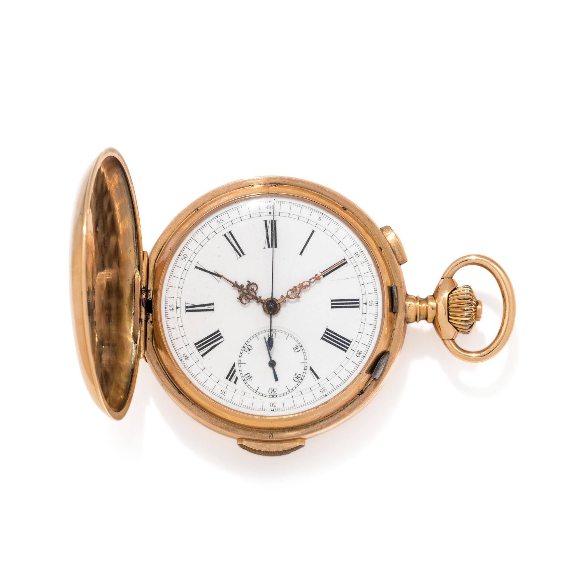 18K YELLOW GOLD CHRONOGRAPH HUNTER CASE POCKET WATCH