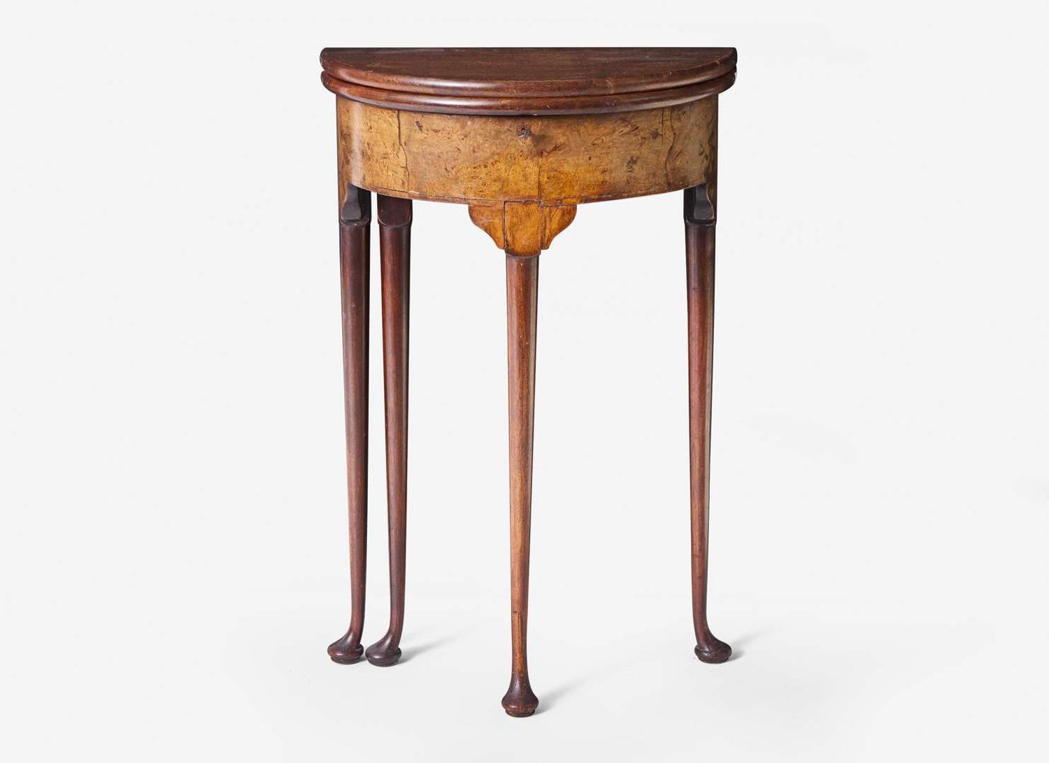 A diminutive Queen Anne burl walnut demilune games table, probably 19th century