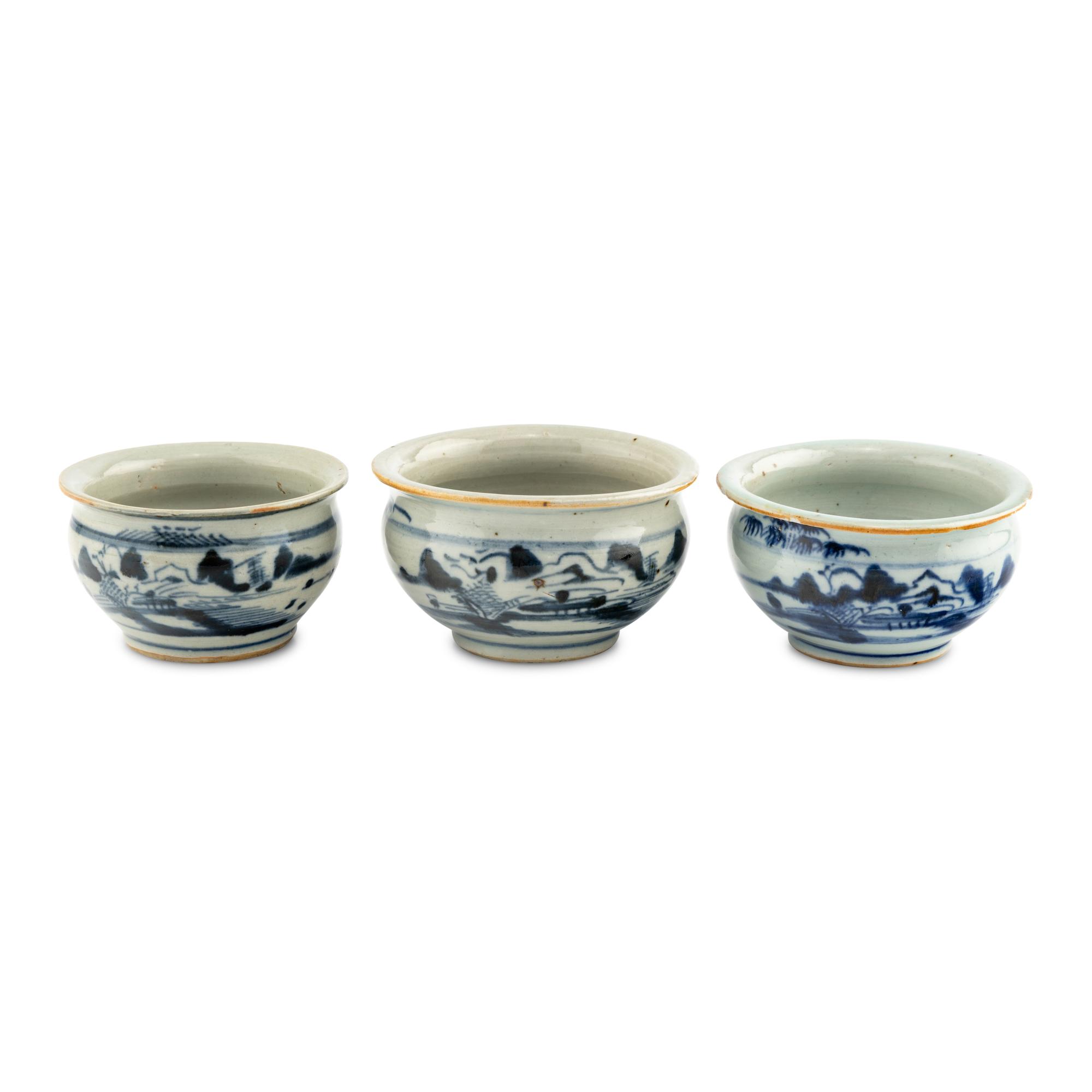 A Group of Three Chinese Porcelain Blue-and-White Incense Burners