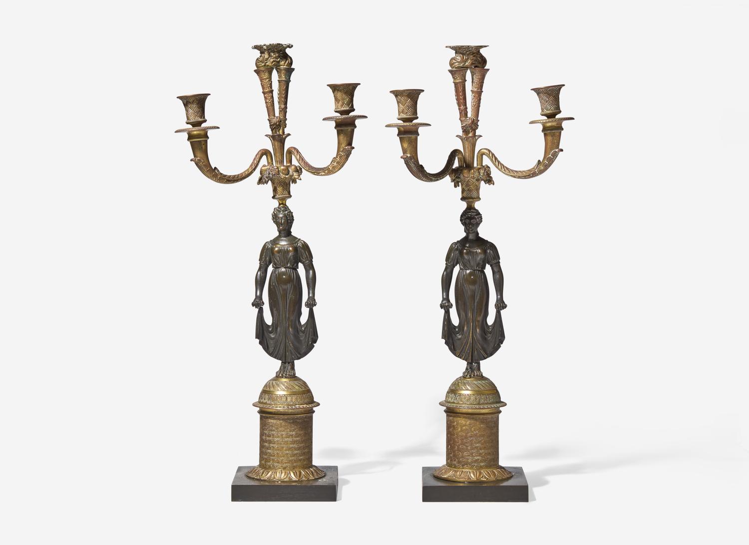 A Pair of Regency Gilt and Patinated Bronze Figural Three-Light Candelabra