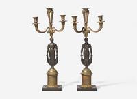 A Pair of Regency Gilt and Patinated Bronze Figural Three-Light Candelabra