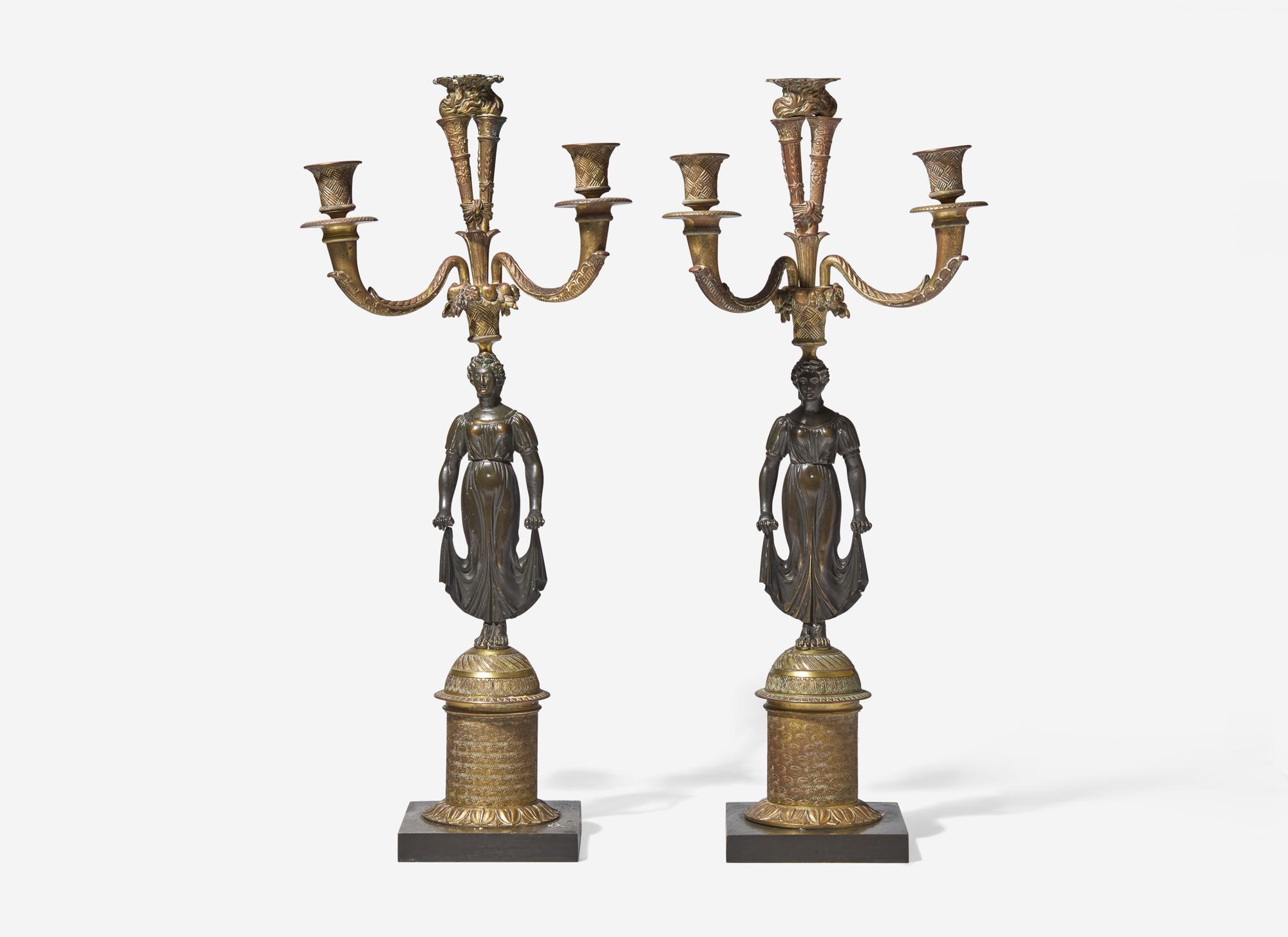 A Pair of Regency Gilt and Patinated Bronze Figural Three-Light Candelabra