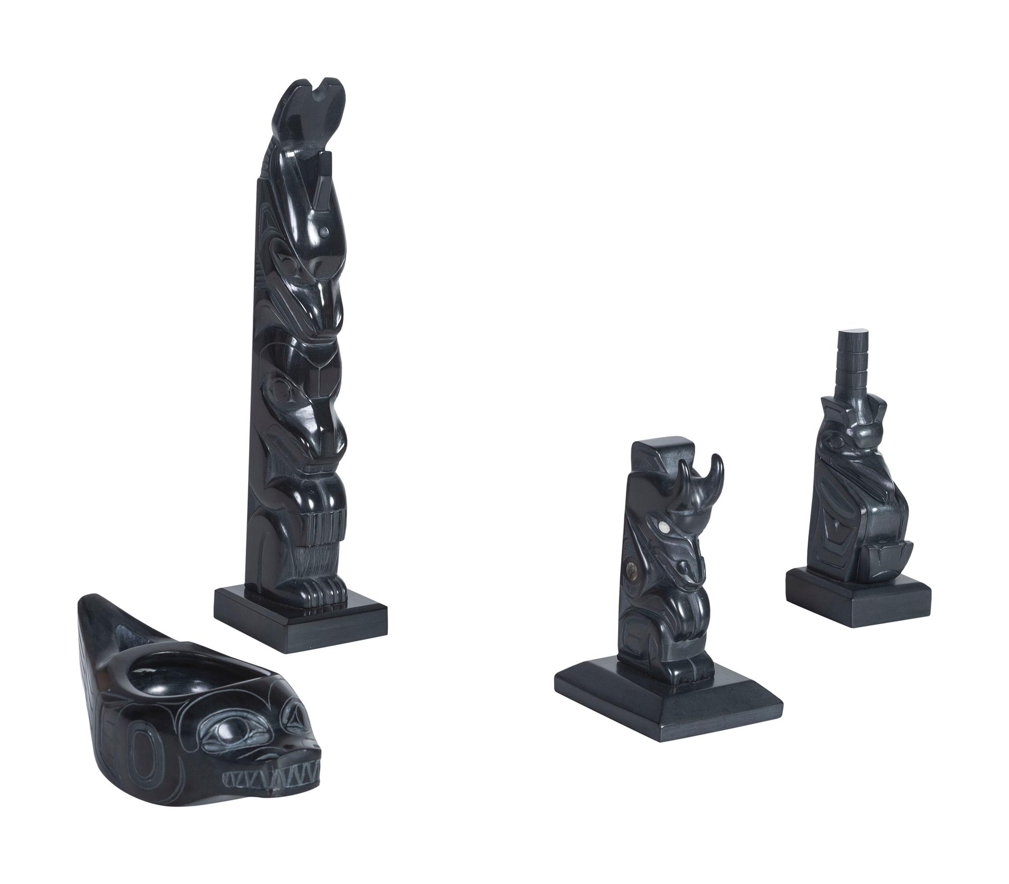 Carved Argillite Totems and Bowl