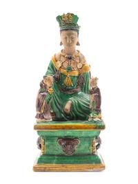 A Chinese Sancai Glazed Stoneware Figure of Seated Guanyin — MING DYNASTY (1368-1644)