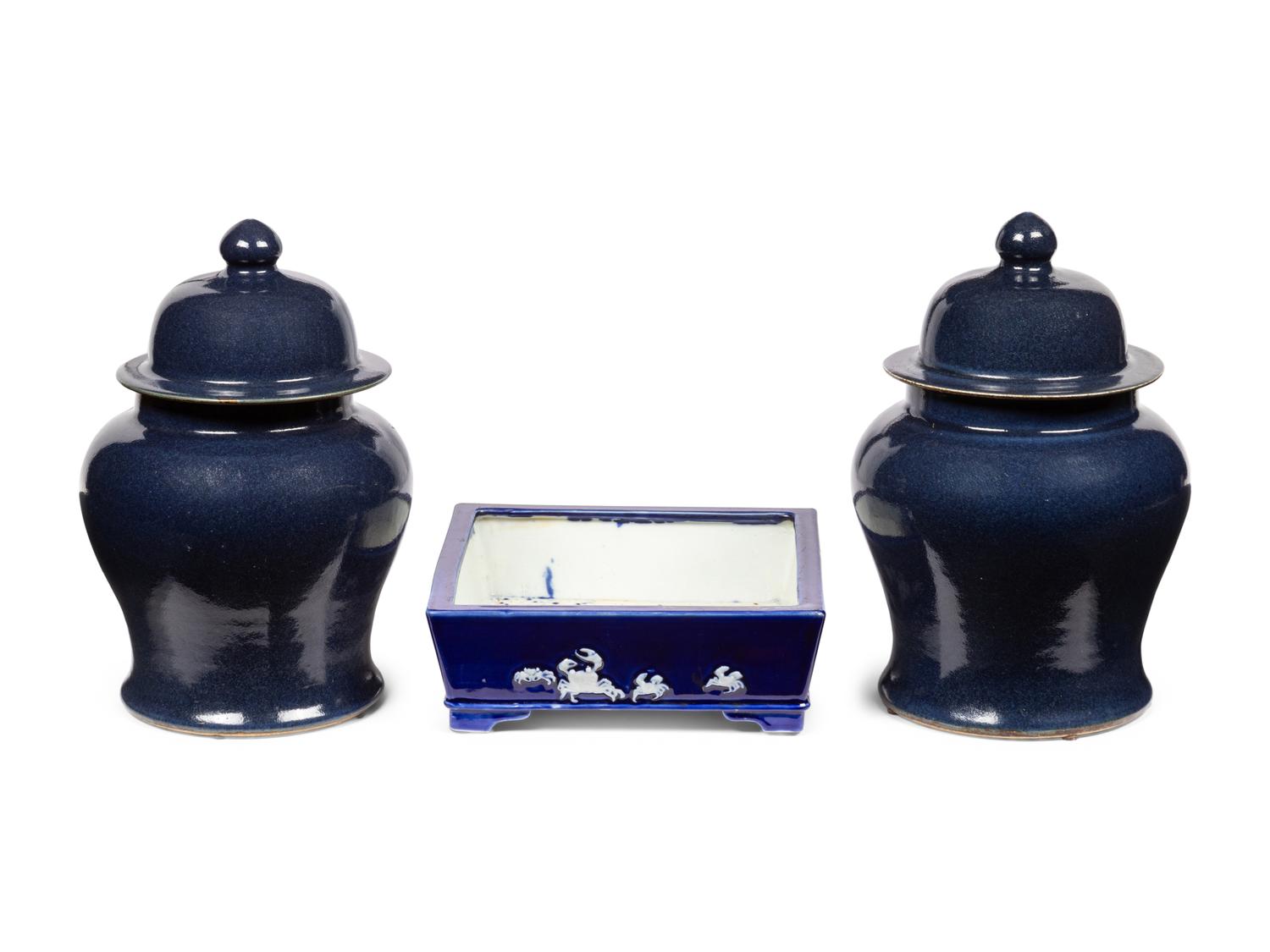 Three Chinese Blue Glazed Porcelain Wares