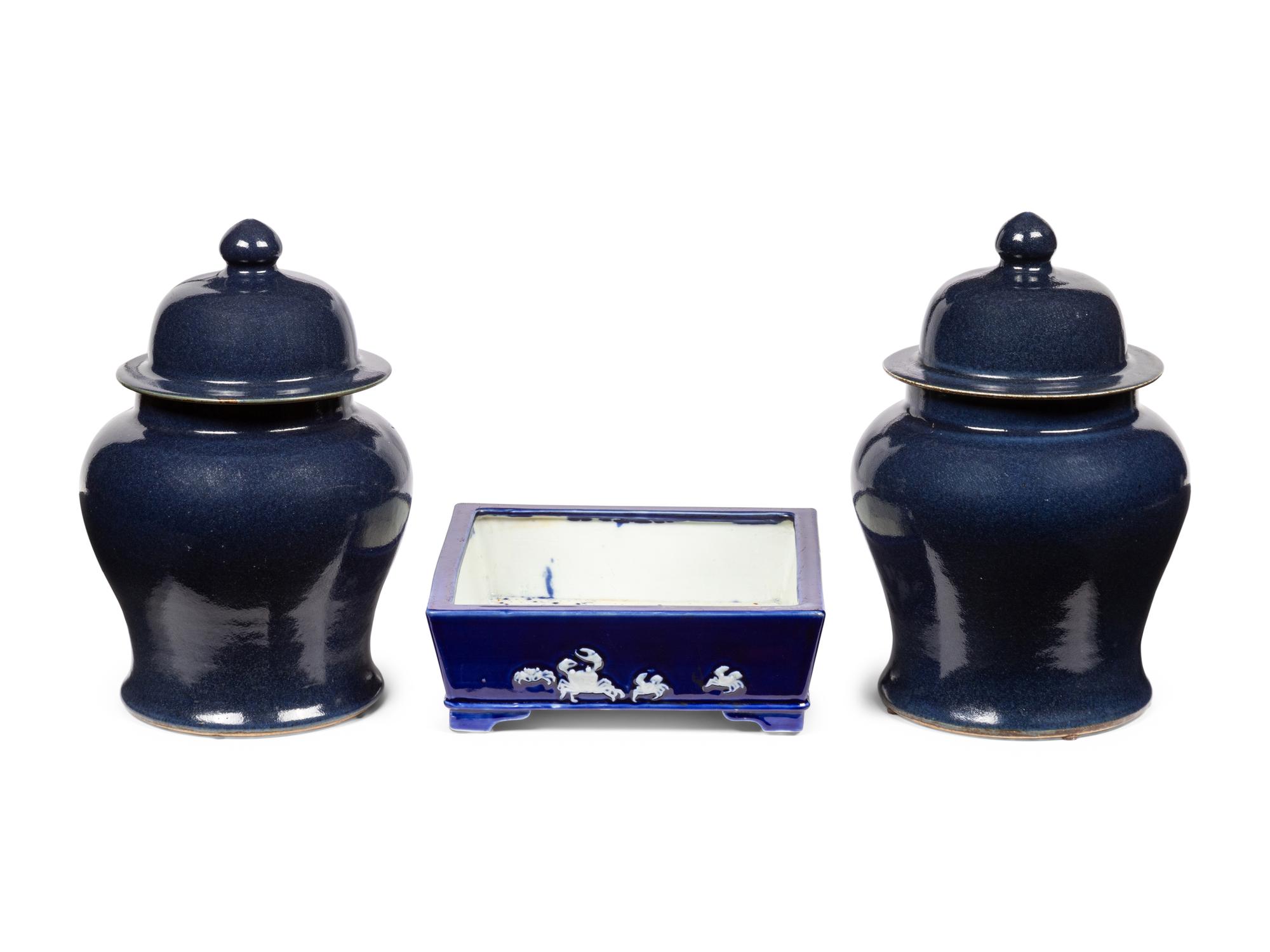 Three Chinese Blue Glazed Porcelain Wares