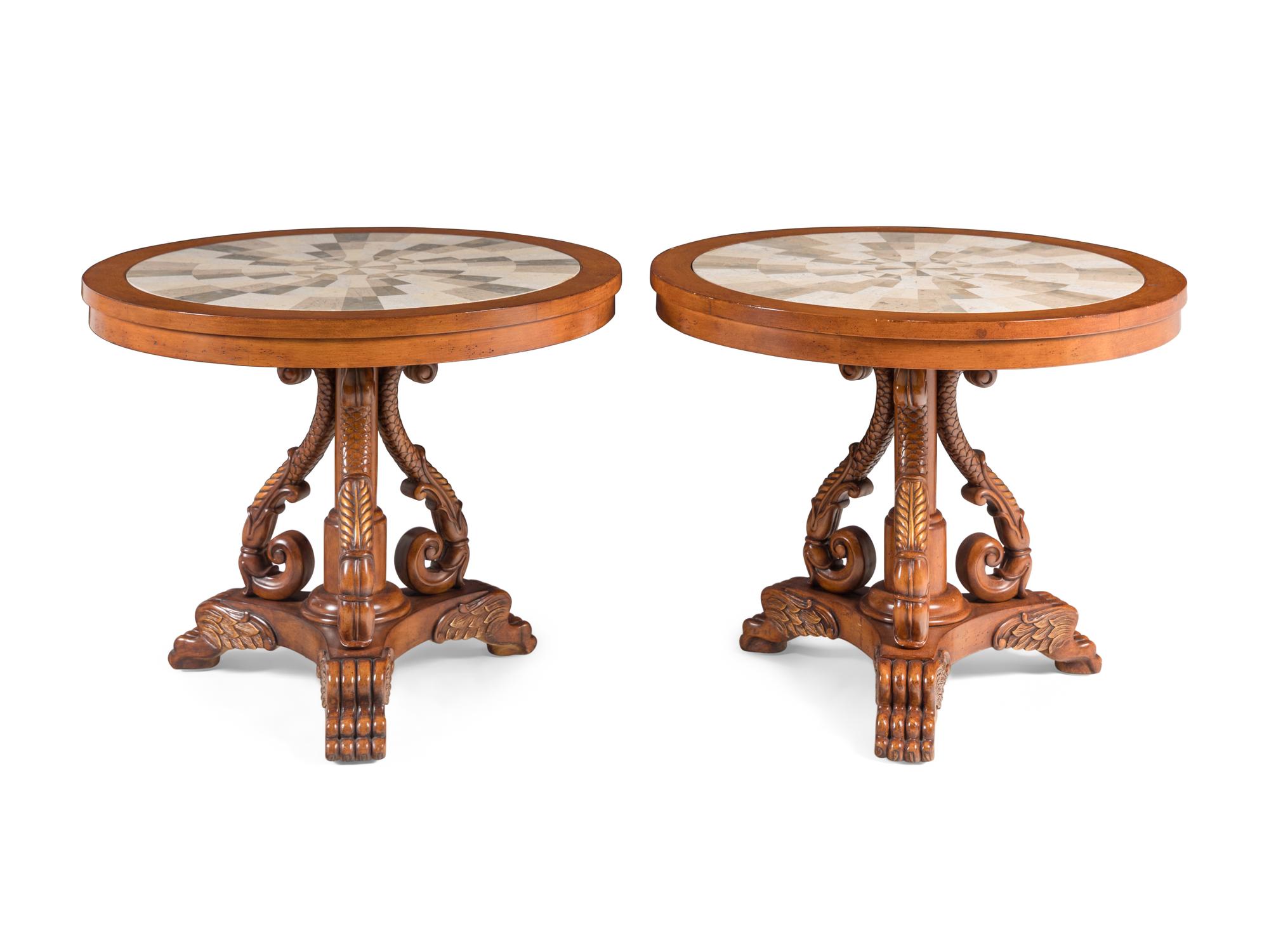 A Pair of Regency Style Parcel-Gilt Pine and Stone-Top Side Tables